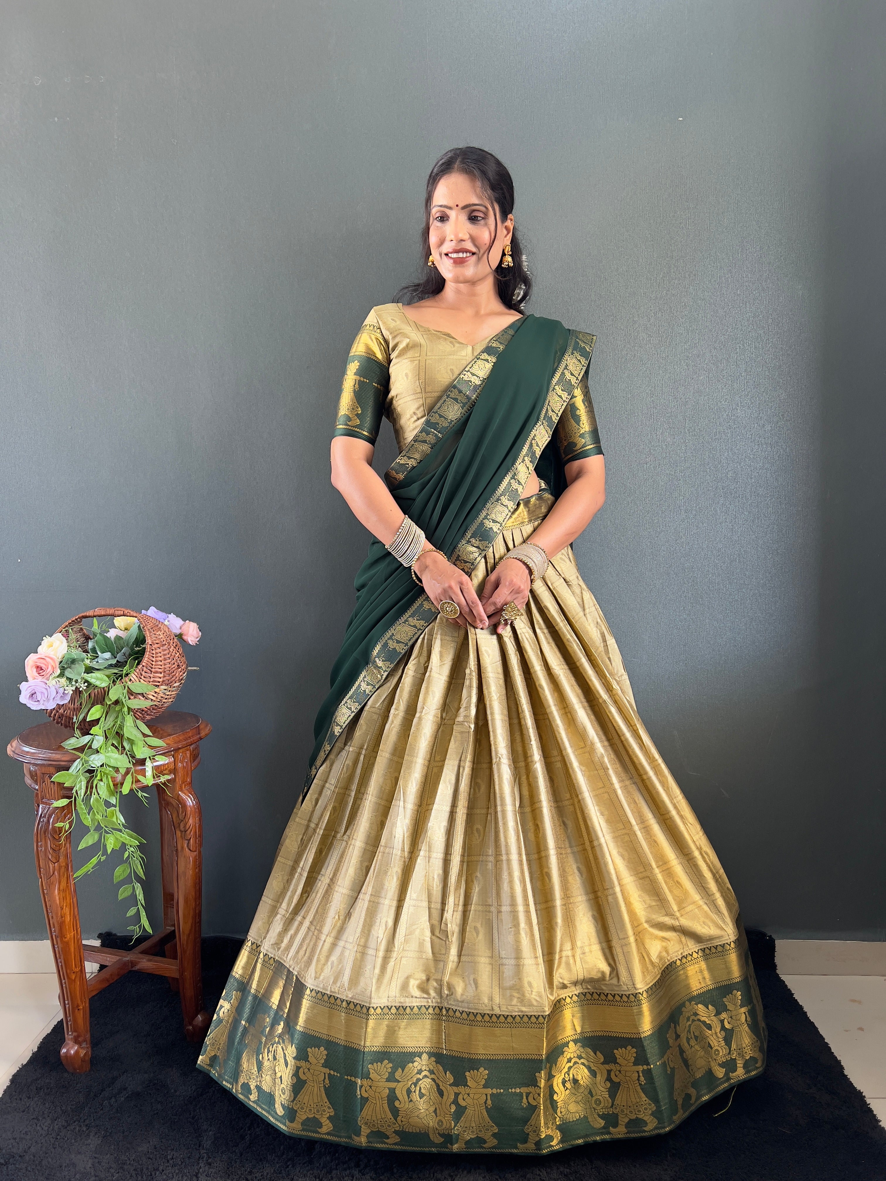 2025 Beseseller Chiku And Green Cotton Lehenga With Unstiched Blouse And Contrast Dupatta