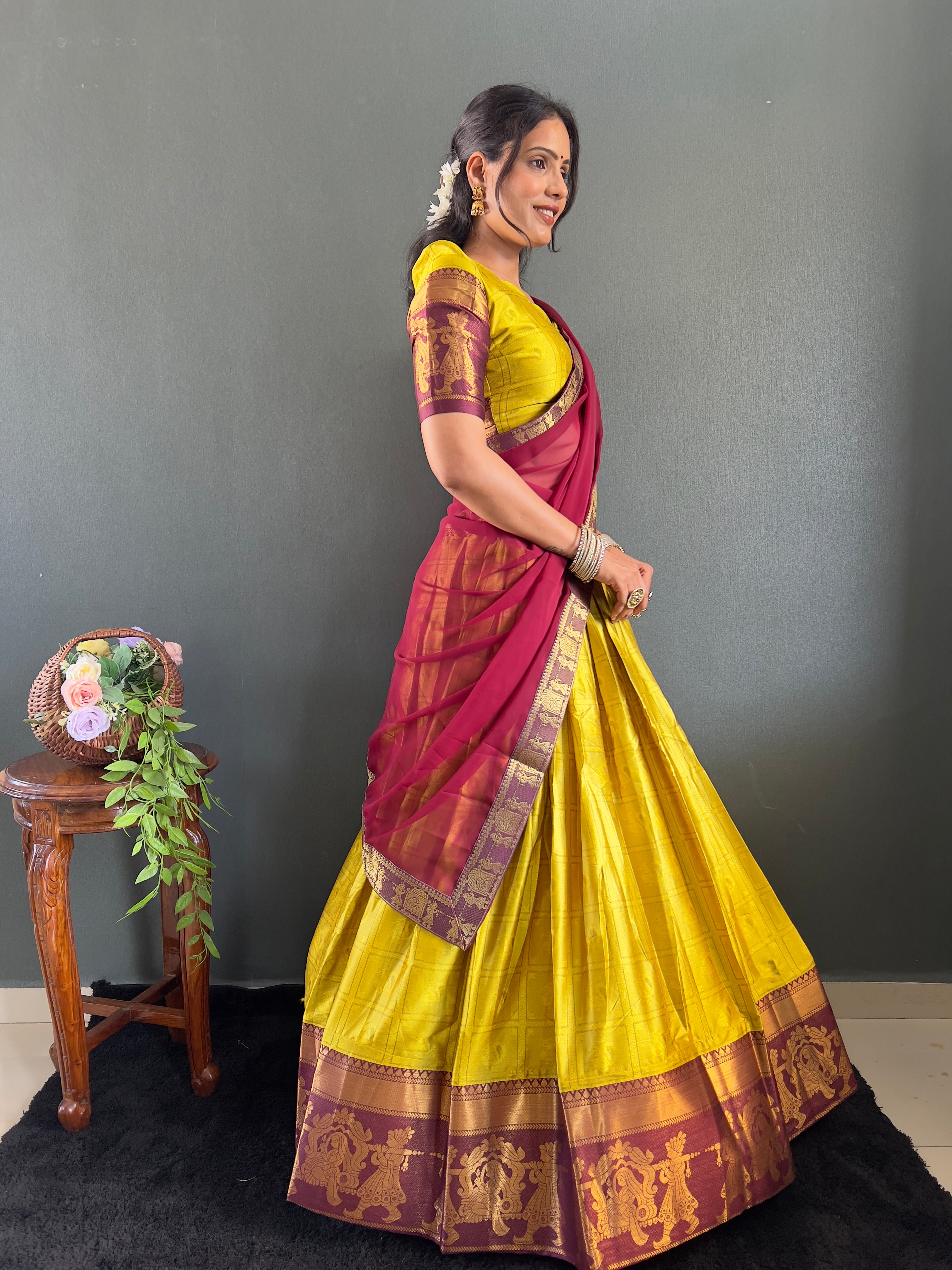 2025 Beseseller Lemon And Wine Cotton Lehenga With Unstiched Blouse And Contrast Dupatta
