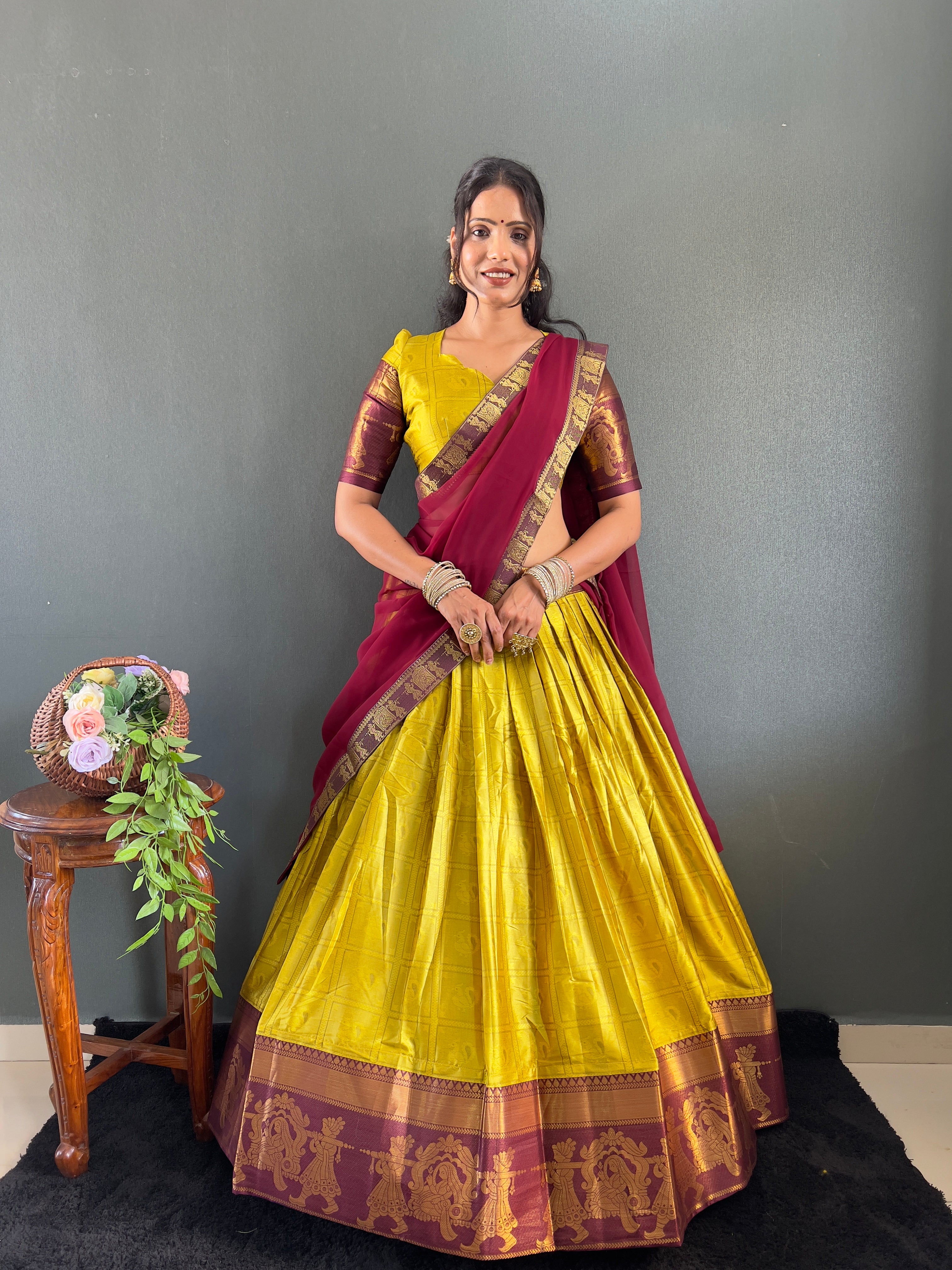2025 Beseseller Lemon And Wine Cotton Lehenga With Unstiched Blouse And Contrast Dupatta