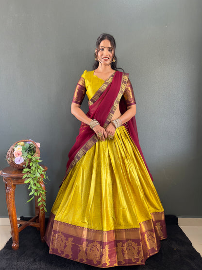 2025 Beseseller Lemon And Wine Cotton Lehenga With Unstiched Blouse And Contrast Dupatta