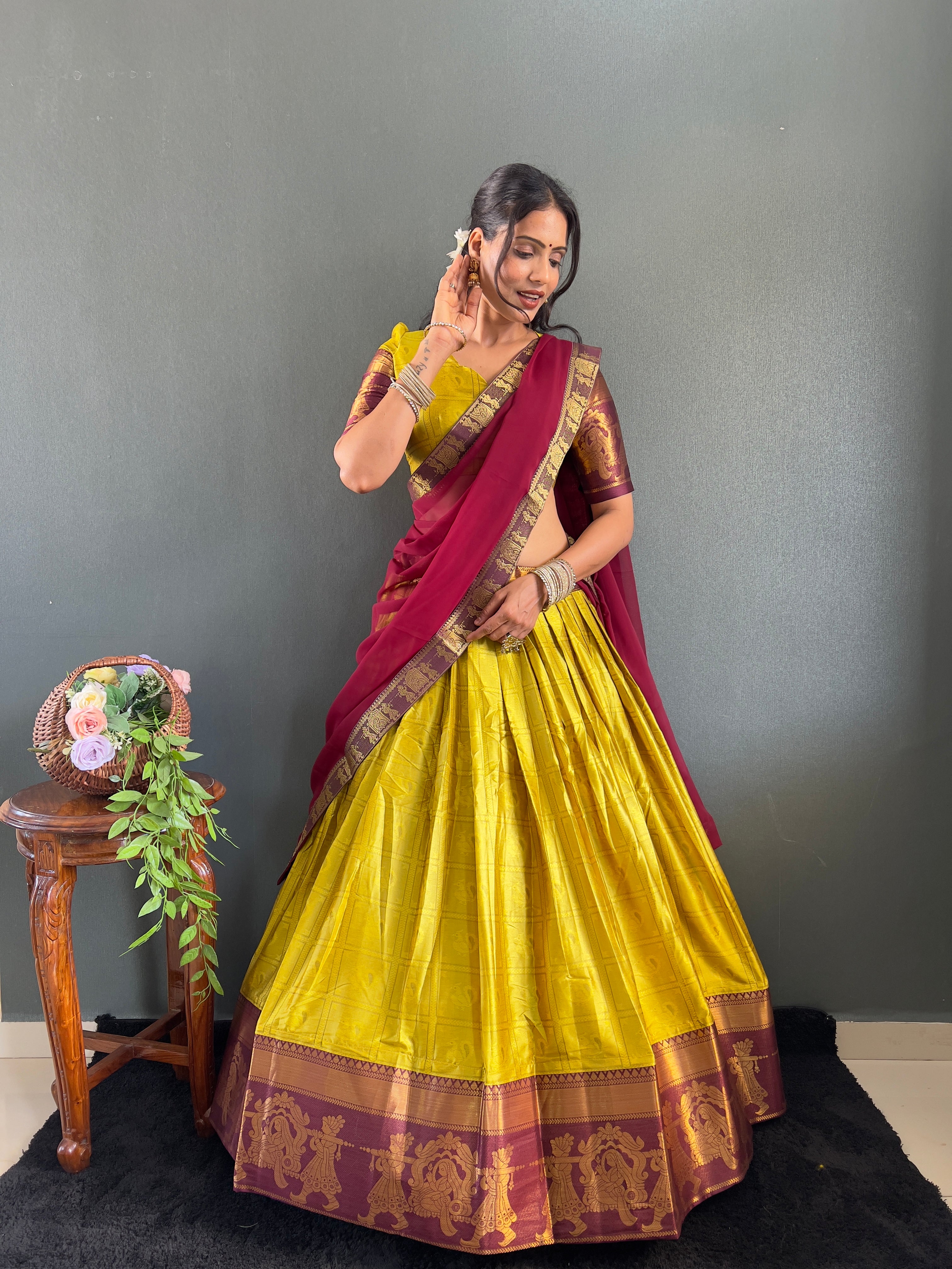 2025 Beseseller Lemon And Wine Cotton Lehenga With Unstiched Blouse And Contrast Dupatta