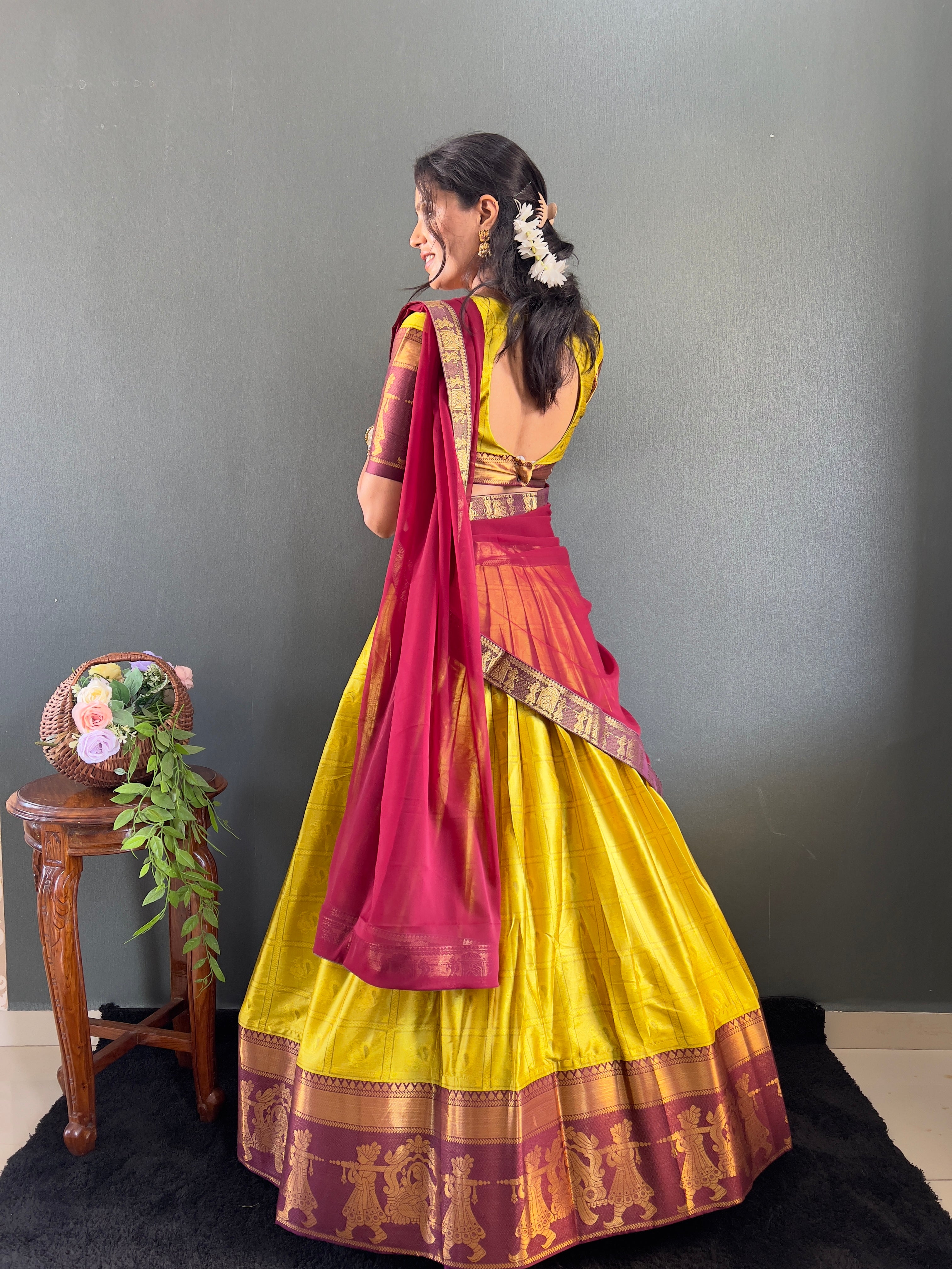 2025 Beseseller Lemon And Wine Cotton Lehenga With Unstiched Blouse And Contrast Dupatta