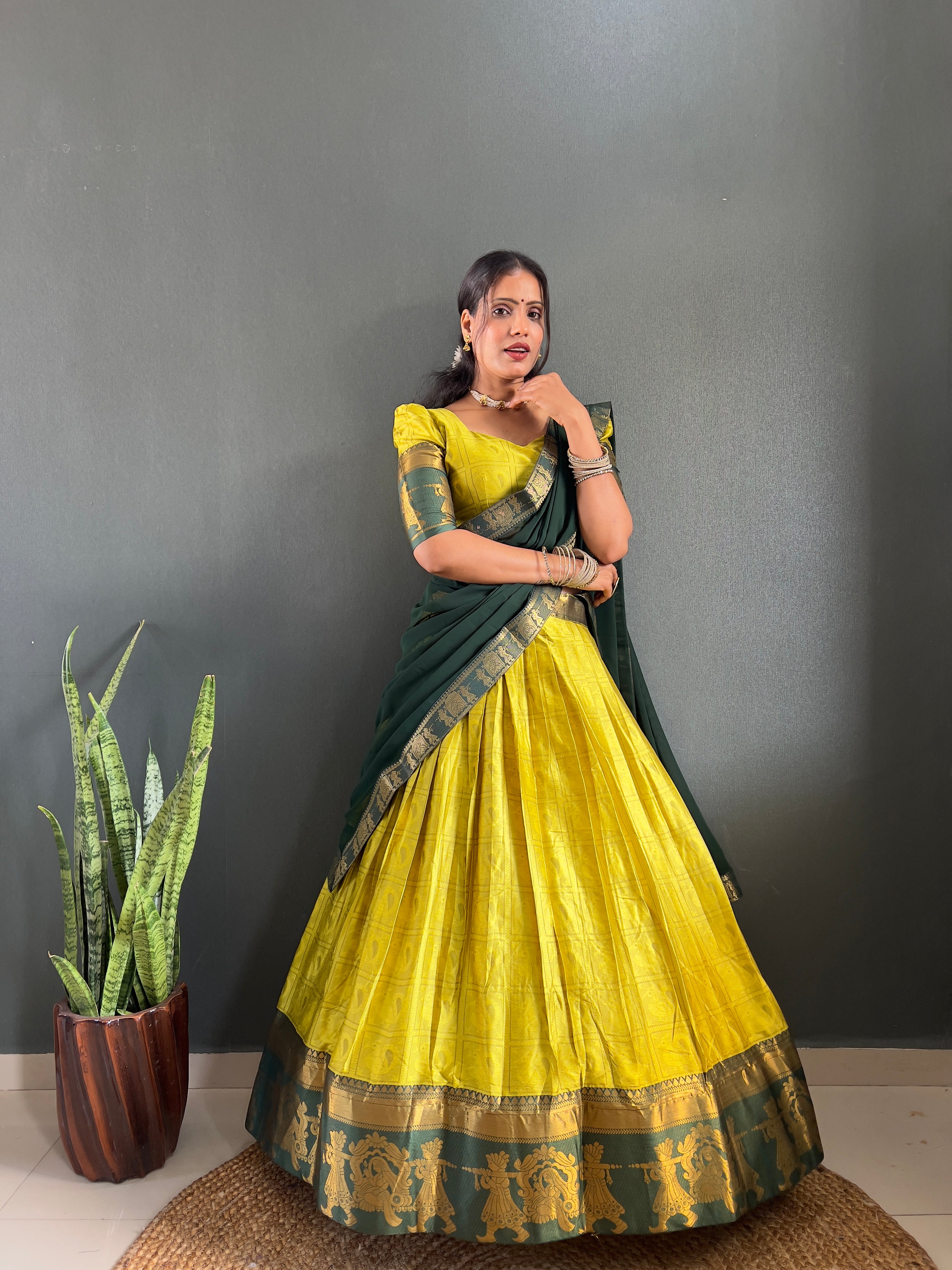 2025 Beseseller Lemon And Green Cotton Lehenga With Unstiched Blouse And Contrast Dupatta