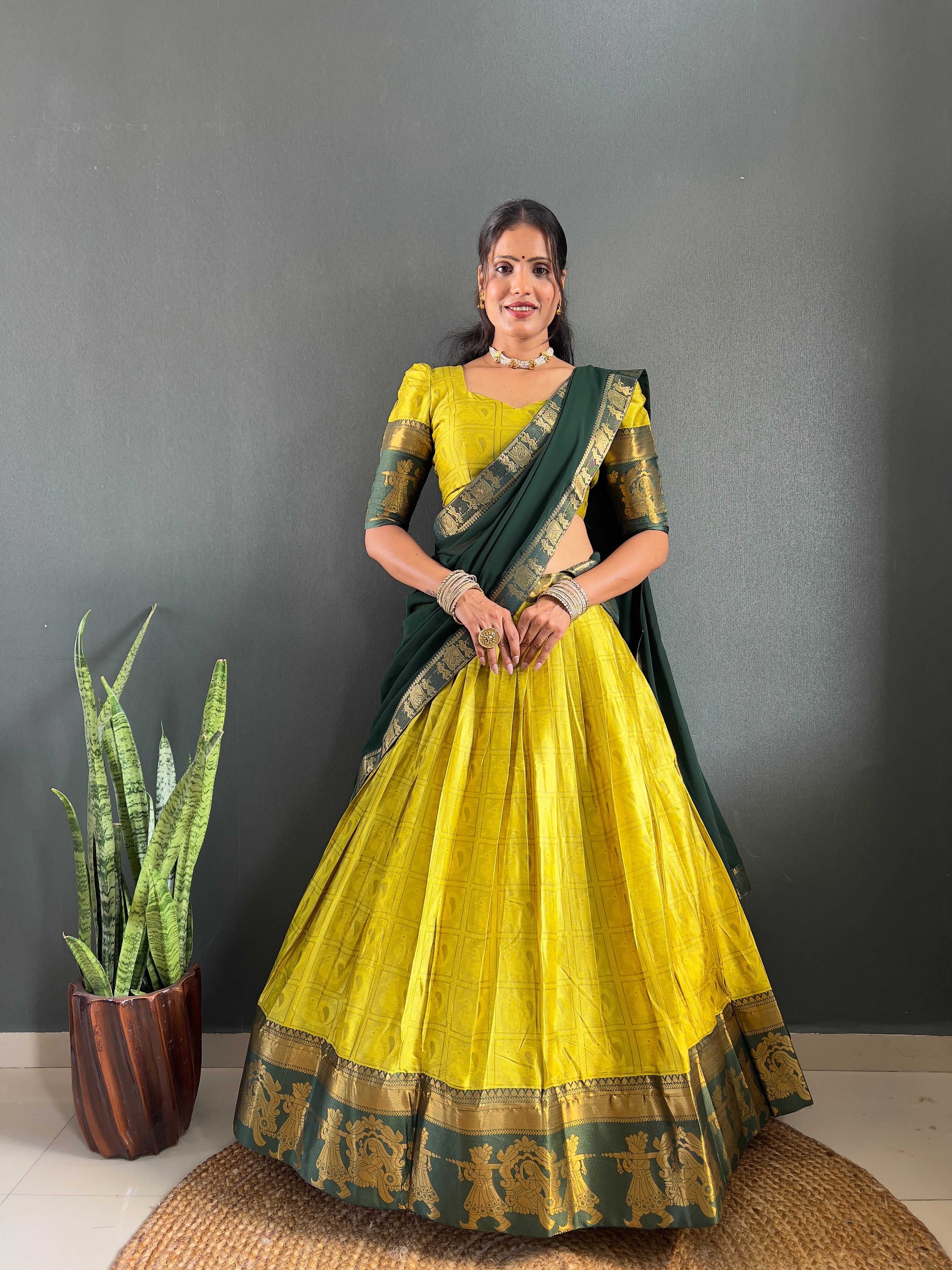 2025 Beseseller Lemon And Green Cotton Lehenga With Unstiched Blouse And Contrast Dupatta