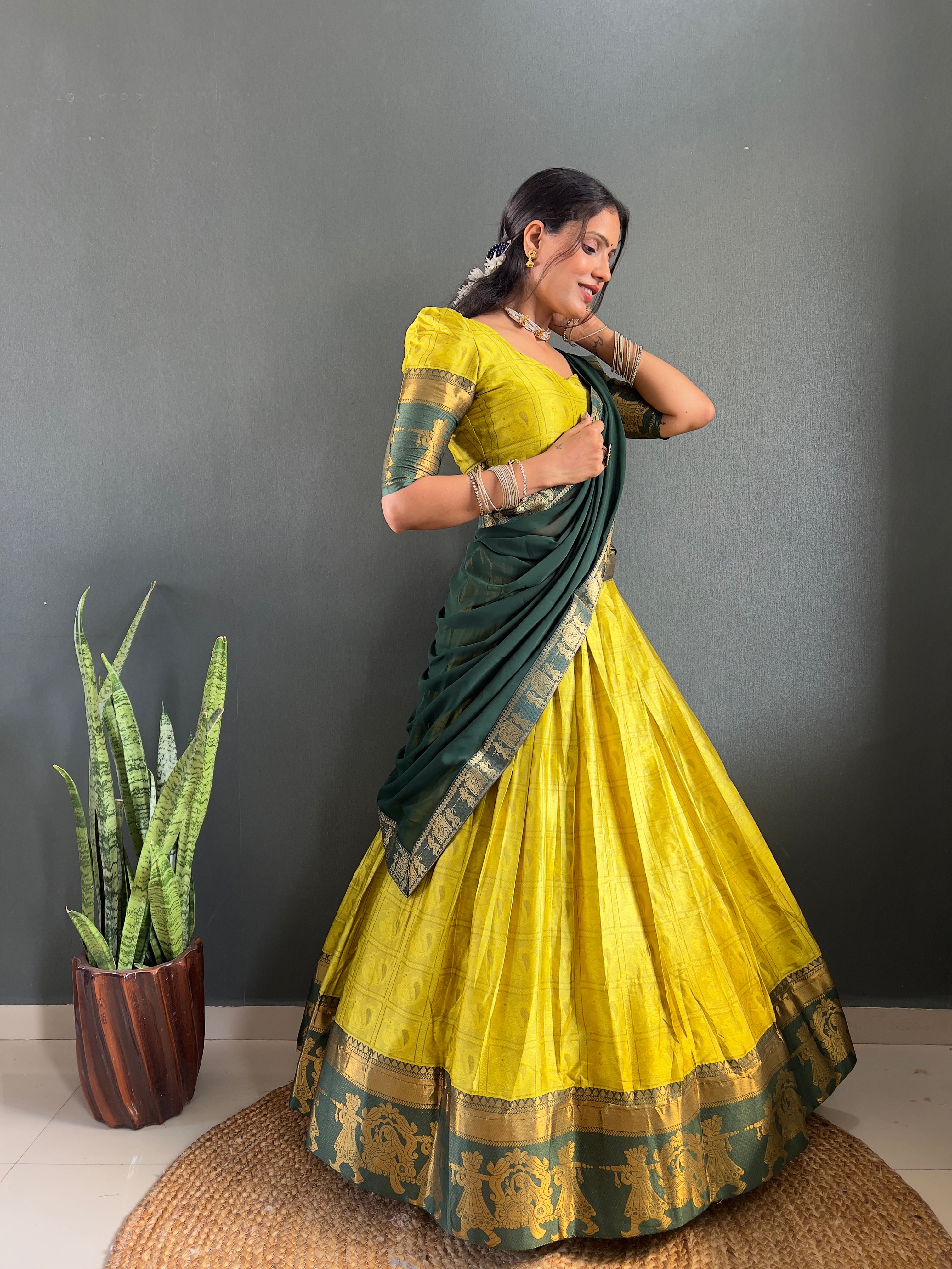 2025 Beseseller Lemon And Green Cotton Lehenga With Unstiched Blouse And Contrast Dupatta
