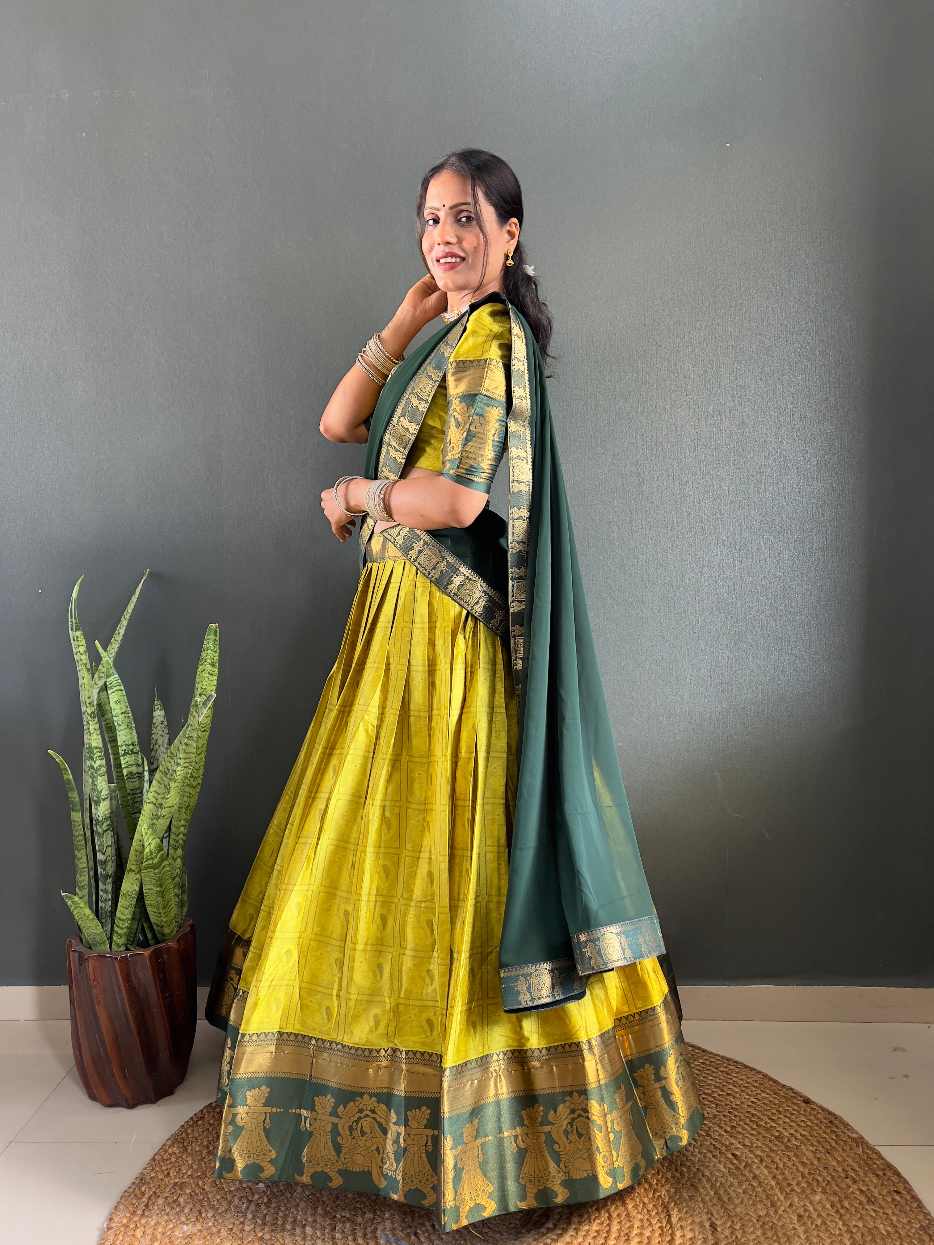 2025 Beseseller Lemon And Green Cotton Lehenga With Unstiched Blouse And Contrast Dupatta