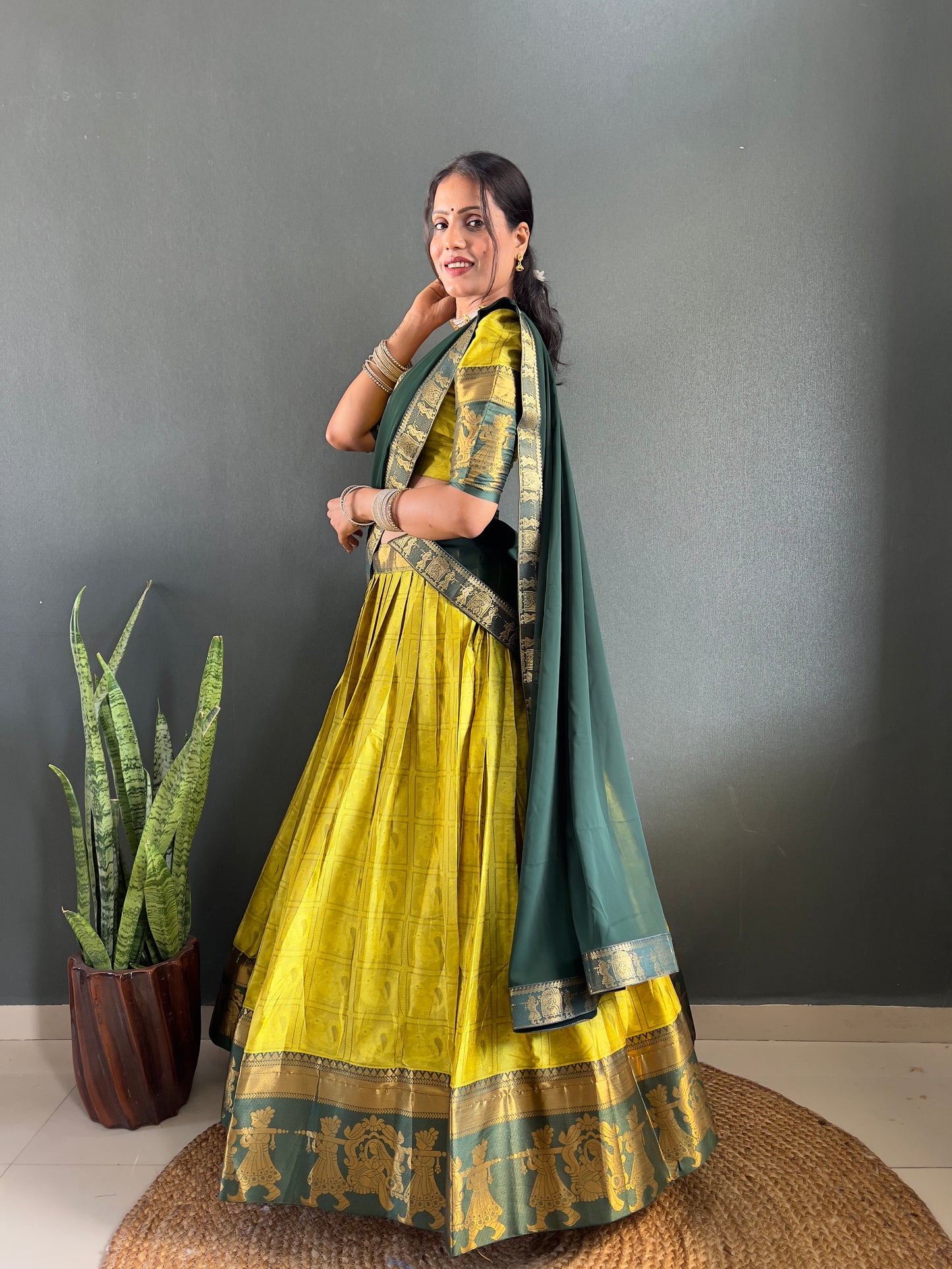 2025 Beseseller Lemon And Green Cotton Lehenga With Unstiched Blouse And Contrast Dupatta