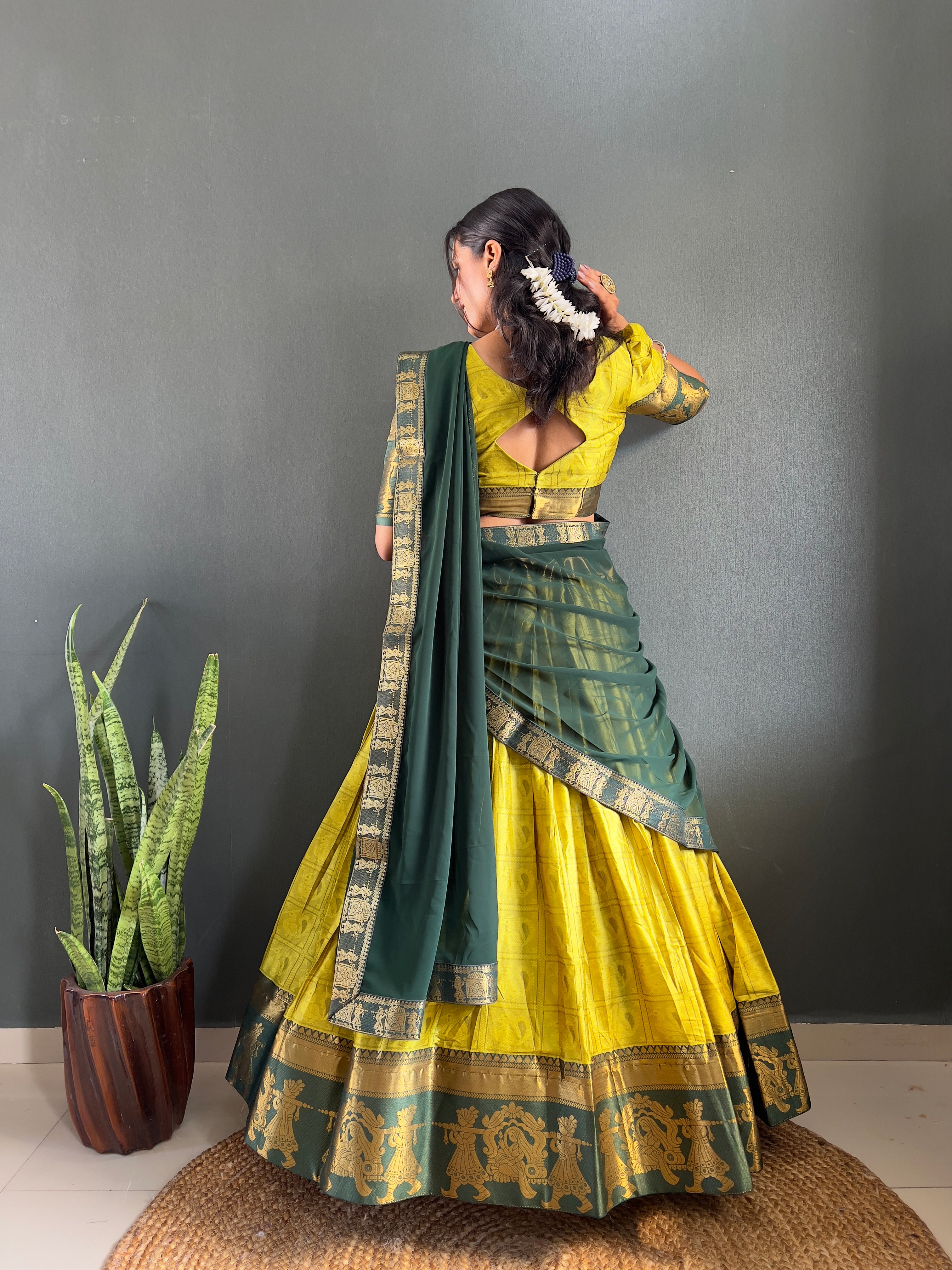 2025 Beseseller Lemon And Green Cotton Lehenga With Unstiched Blouse And Contrast Dupatta