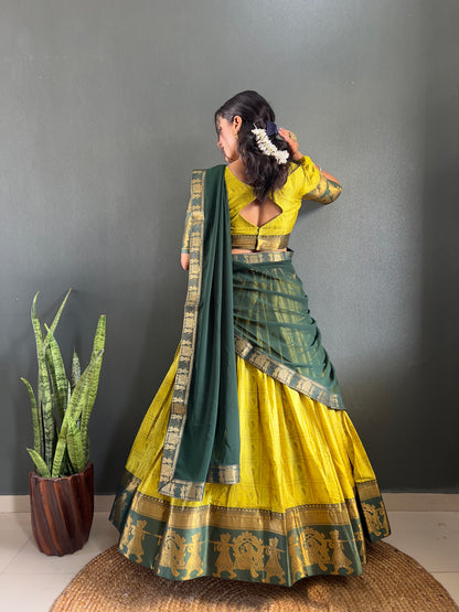 2025 Beseseller Lemon And Green Cotton Lehenga With Unstiched Blouse And Contrast Dupatta