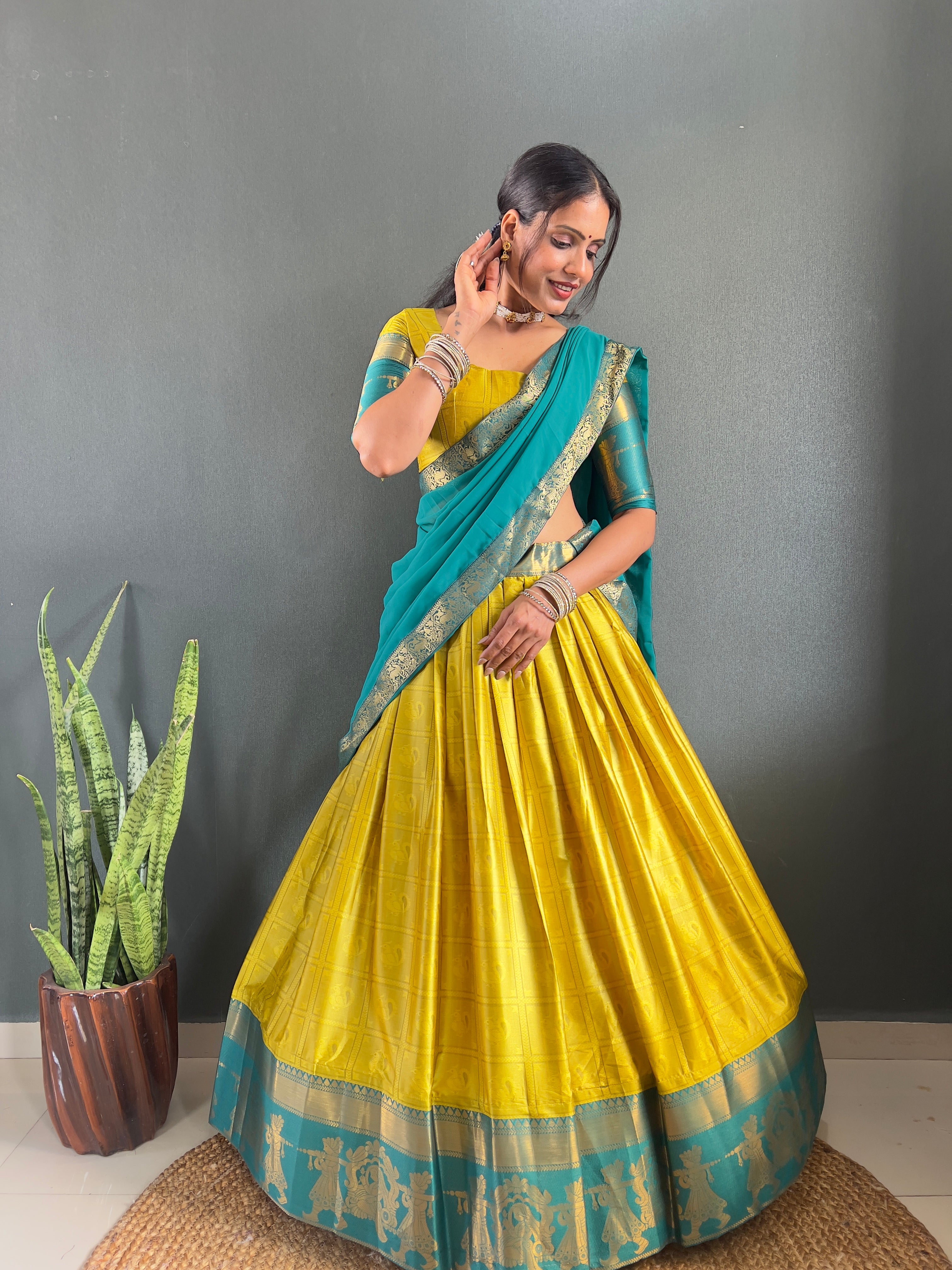 2025 Beseseller Lemon And Rama Cotton Lehenga With Unstiched Blouse And Contrast Dupatta