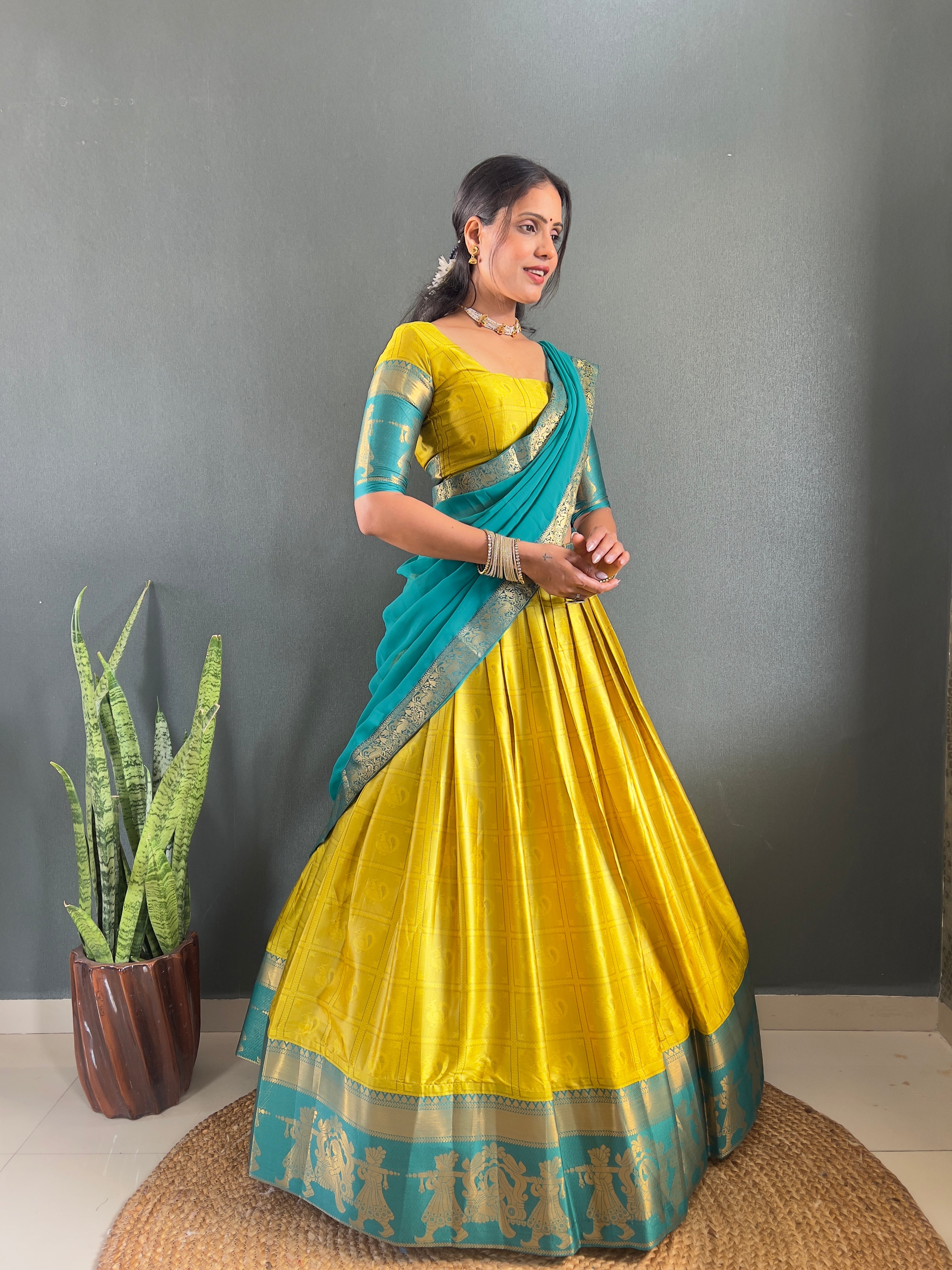 2025 Beseseller Lemon And Rama Cotton Lehenga With Unstiched Blouse And Contrast Dupatta