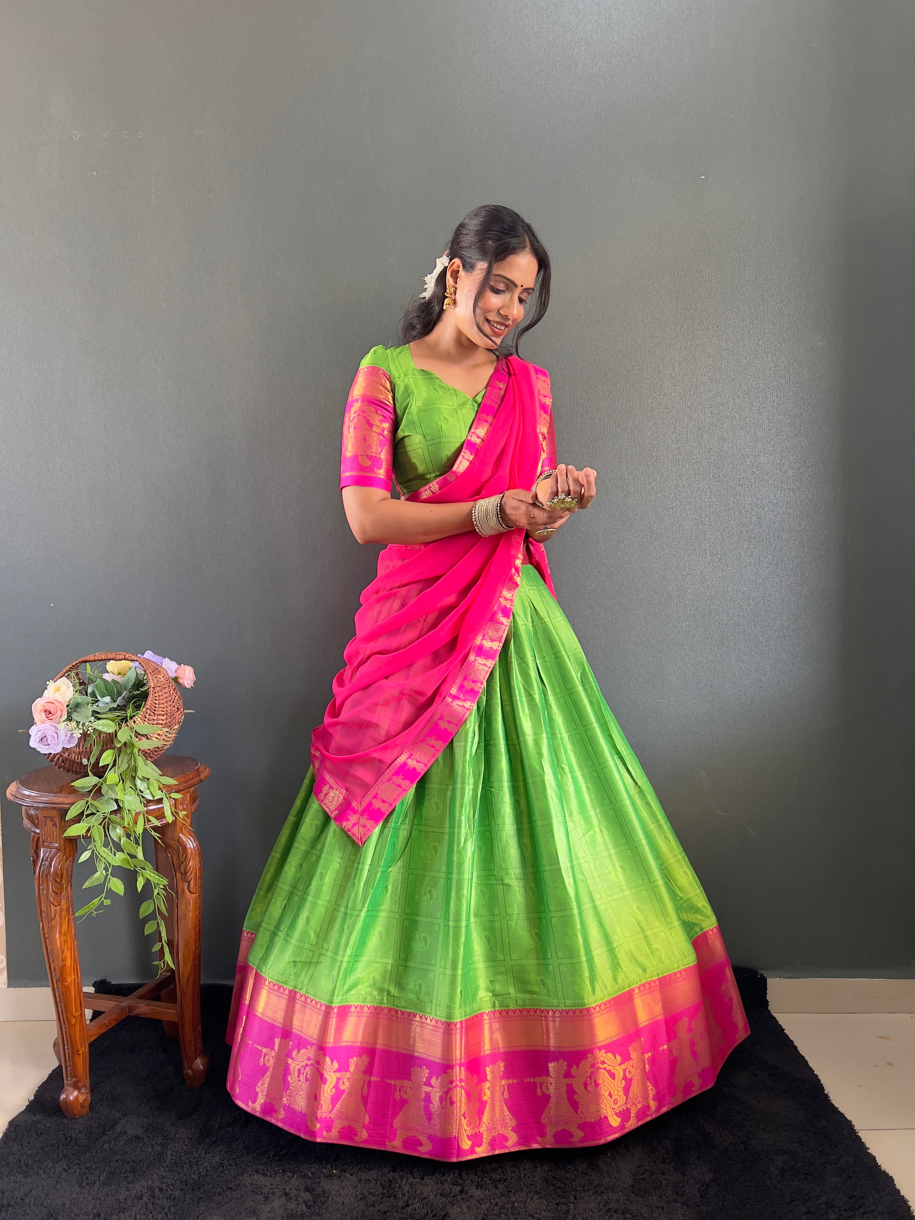 2025 Beseseller Parrot And Pink Cotton Lehenga With Unstiched Blouse And Contrast Dupatta