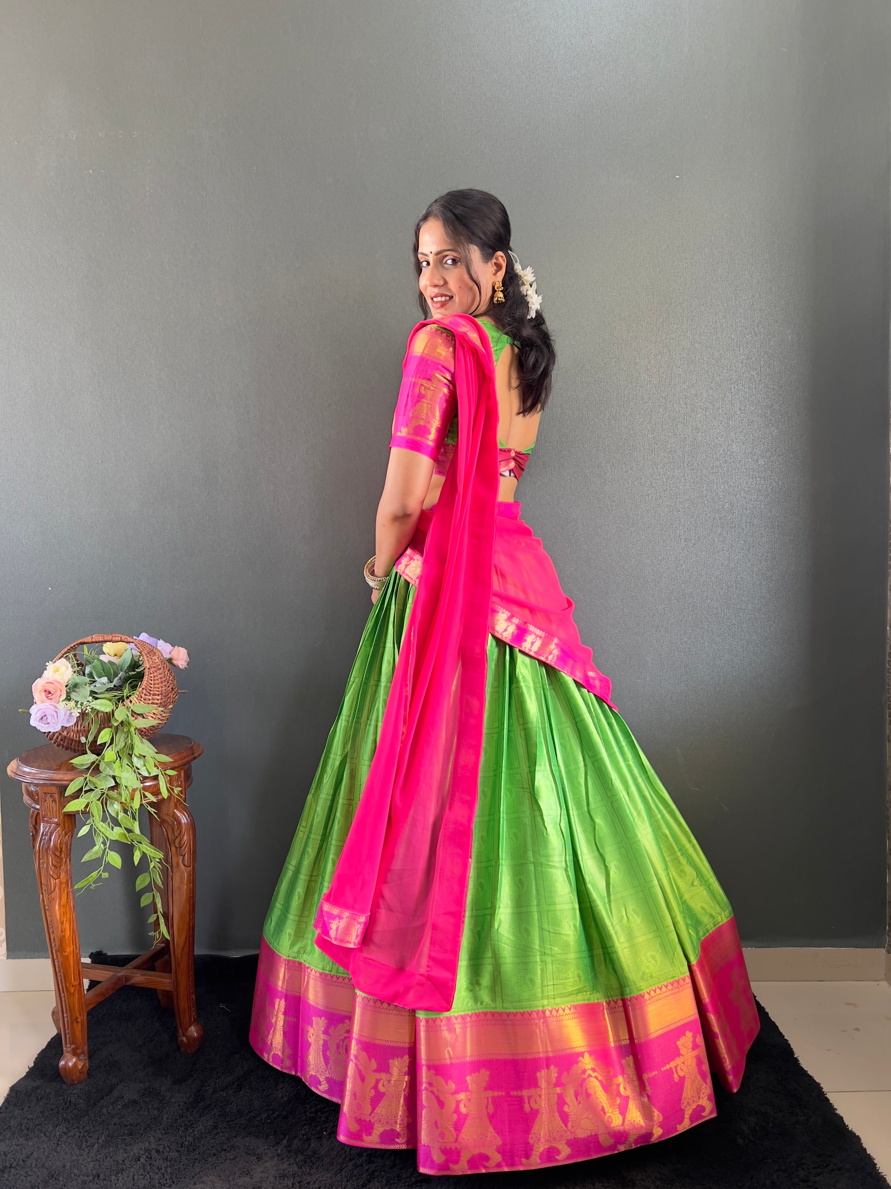 2025 Beseseller Parrot And Pink Cotton Lehenga With Unstiched Blouse And Contrast Dupatta
