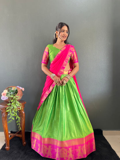 2025 Beseseller Parrot And Pink Cotton Lehenga With Unstiched Blouse And Contrast Dupatta