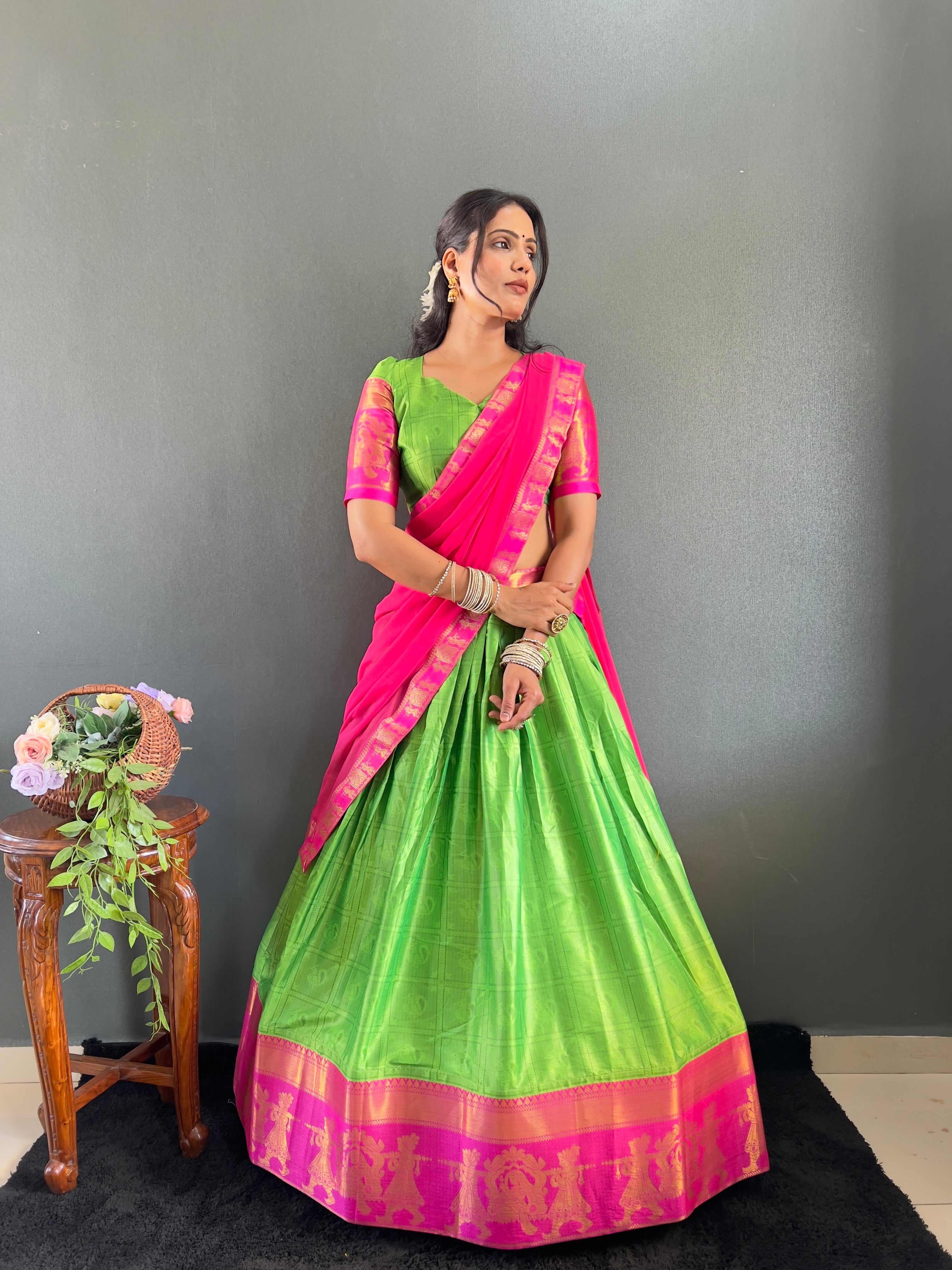 2025 Beseseller Parrot And Pink Cotton Lehenga With Unstiched Blouse And Contrast Dupatta
