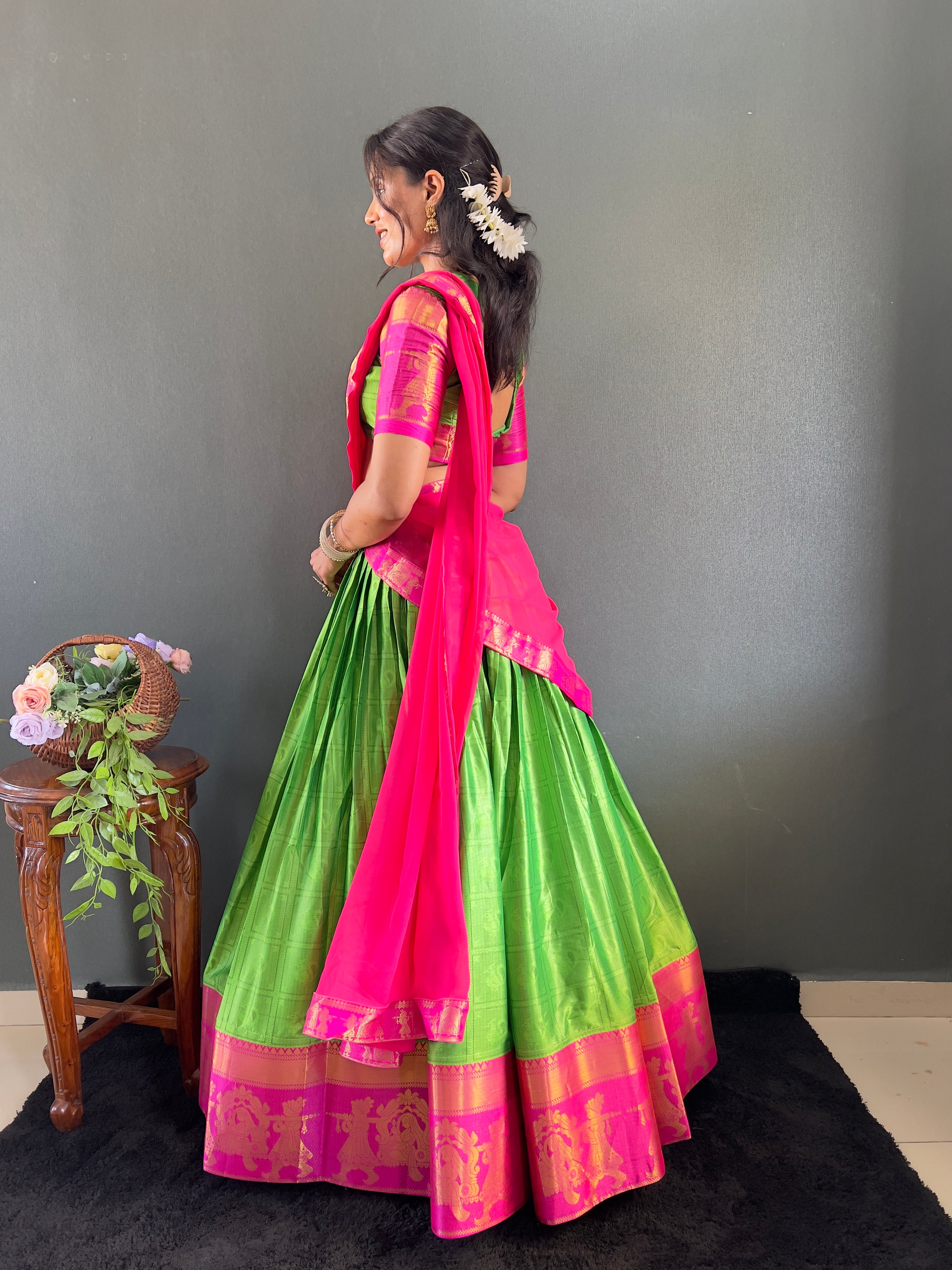 2025 Beseseller Parrot And Pink Cotton Lehenga With Unstiched Blouse And Contrast Dupatta