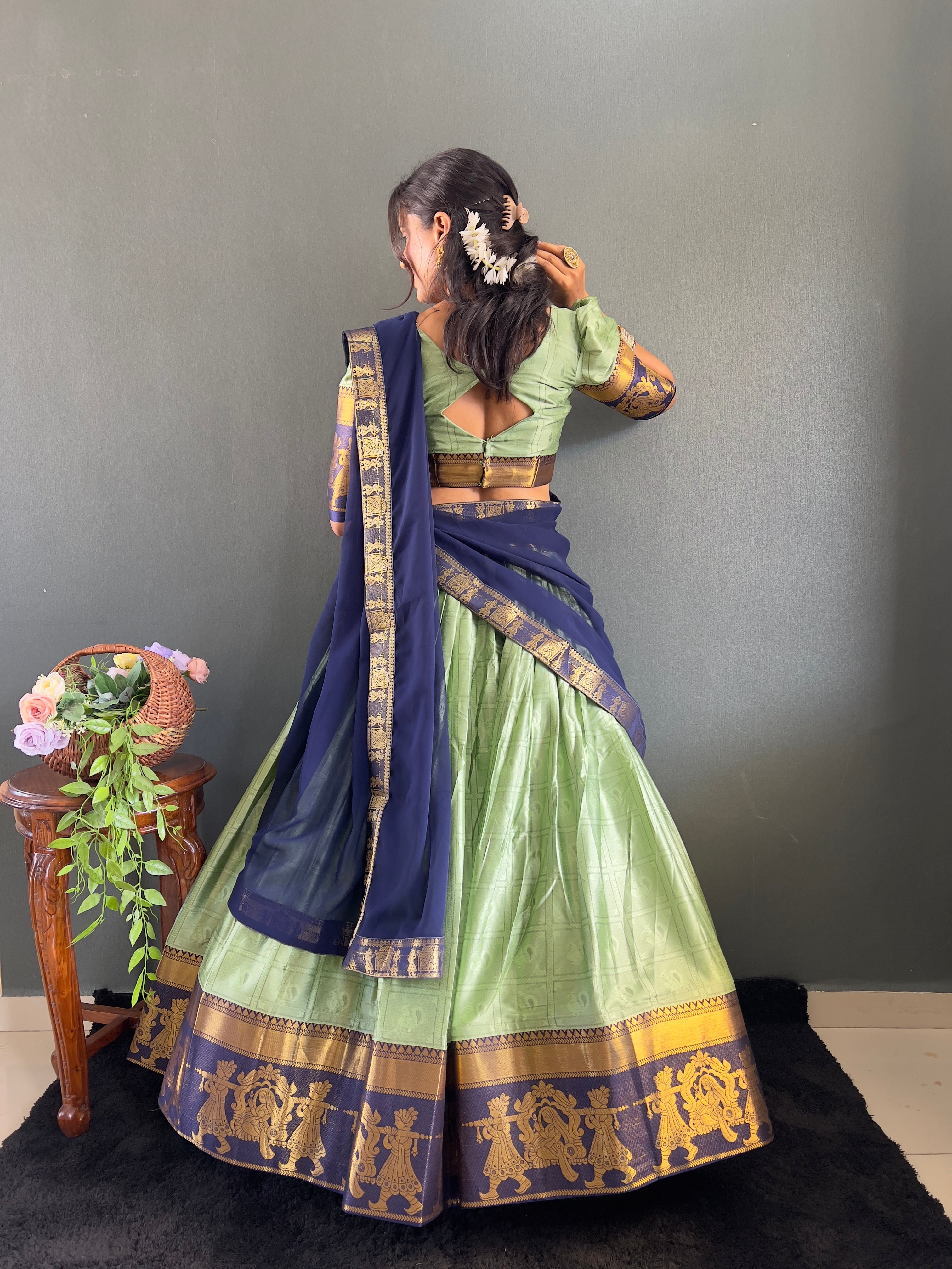 2025 Beseseller Pista And Blue Cotton Lehenga With Unstiched Blouse And Contrast Dupatta