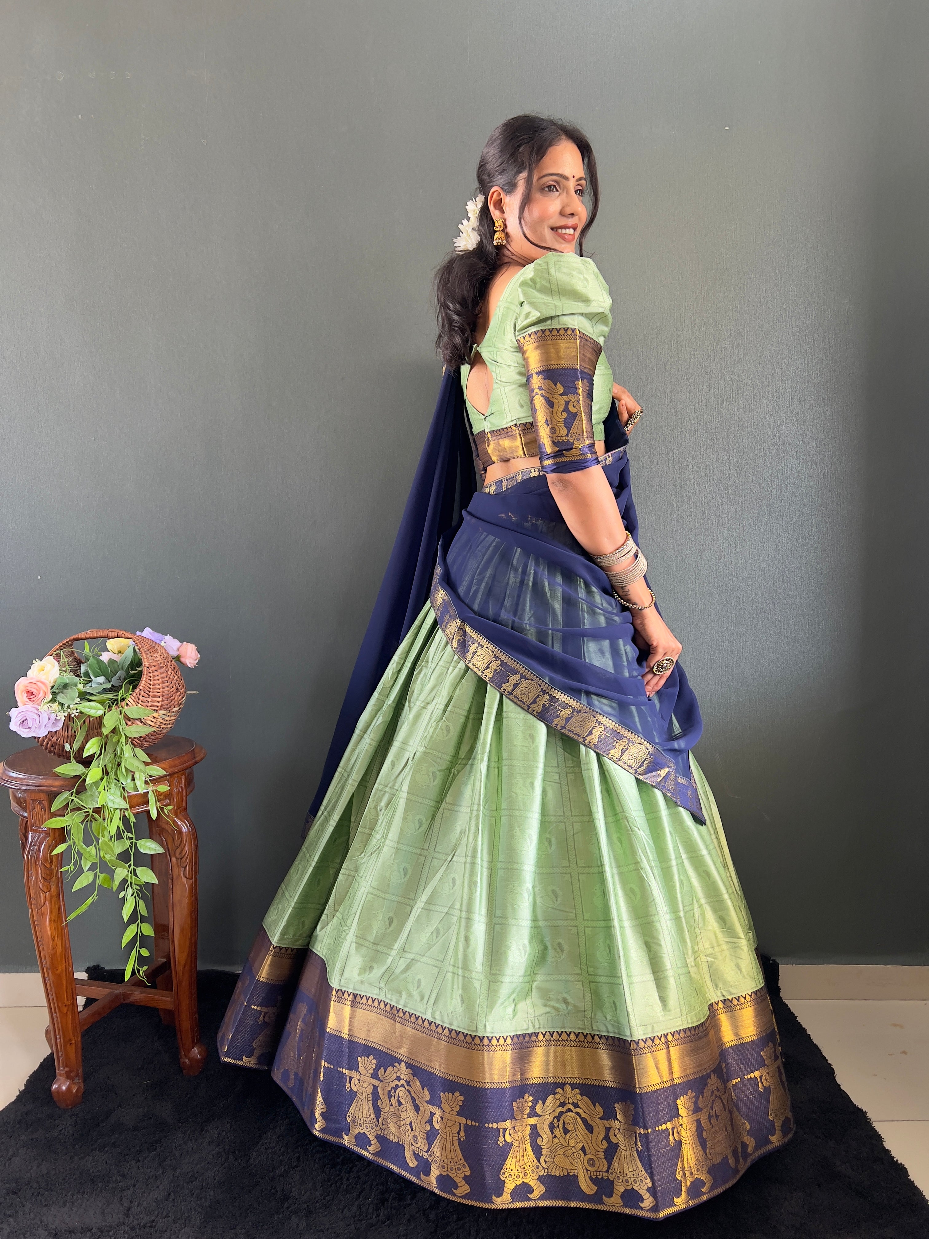 2025 Beseseller Pista And Blue Cotton Lehenga With Unstiched Blouse And Contrast Dupatta