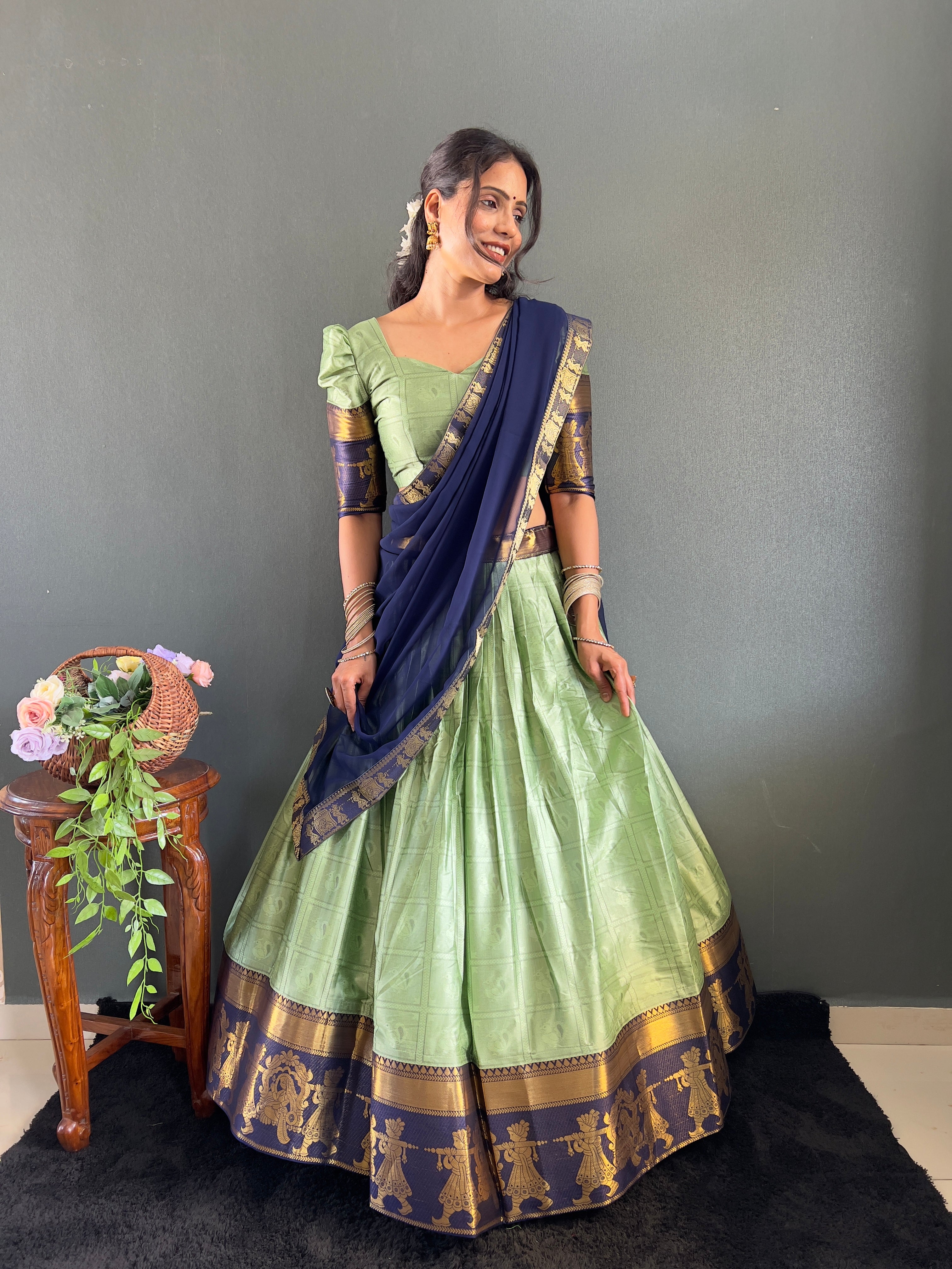 2025 Beseseller Pista And Blue Cotton Lehenga With Unstiched Blouse And Contrast Dupatta