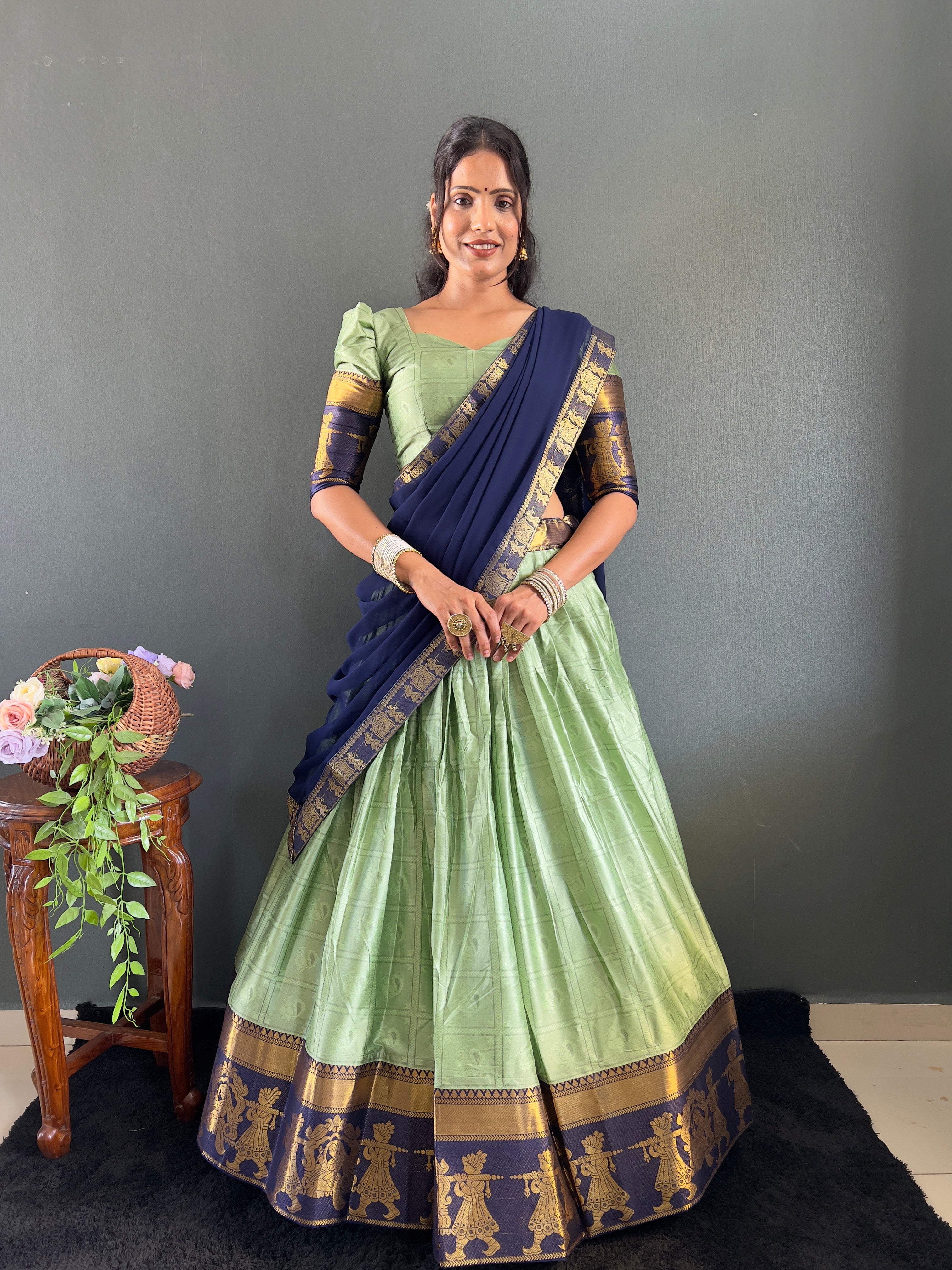 2025 Beseseller Pista And Blue Cotton Lehenga With Unstiched Blouse And Contrast Dupatta