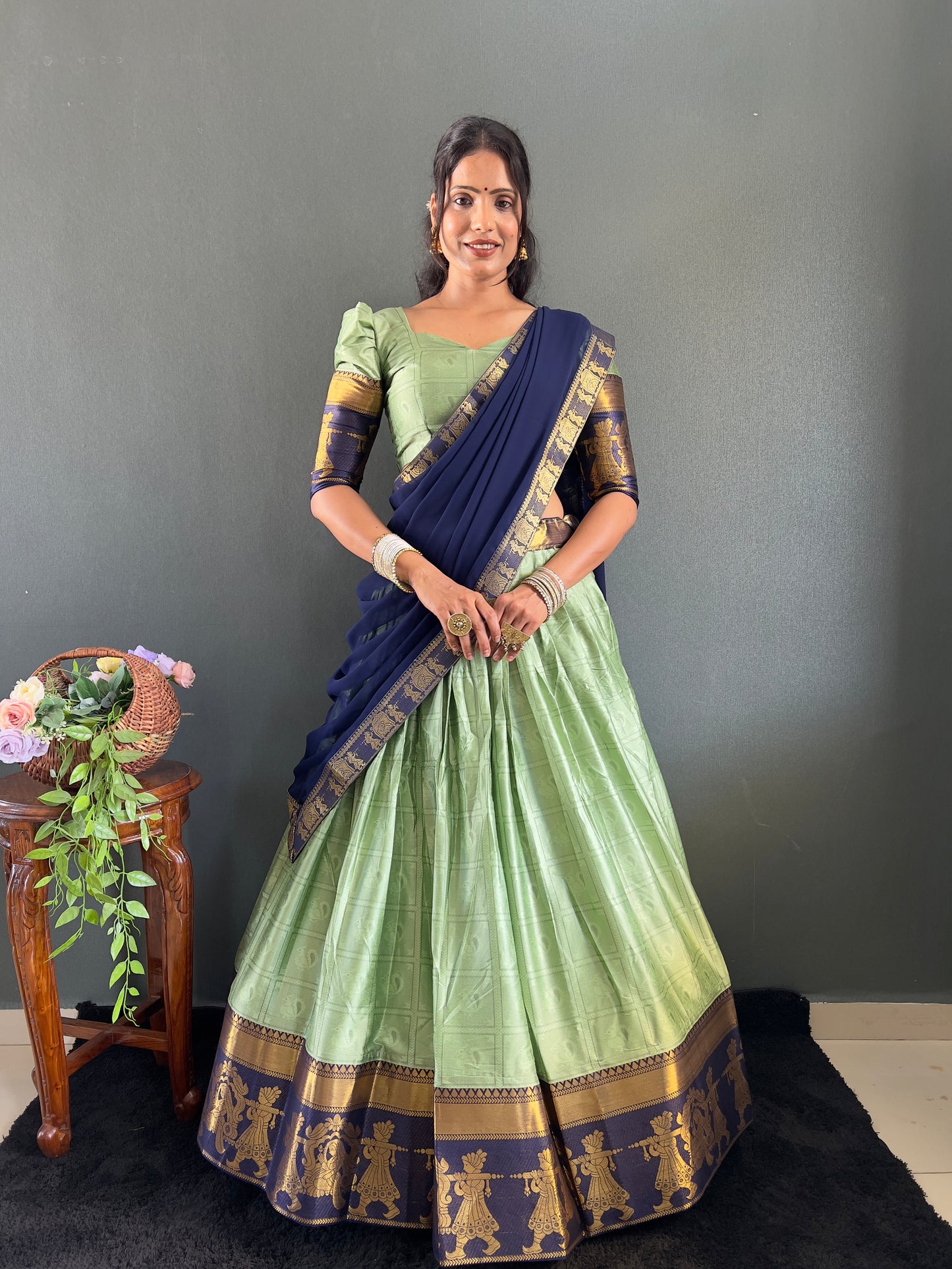 2025 Beseseller Pista And Blue Cotton Lehenga With Unstiched Blouse And Contrast Dupatta