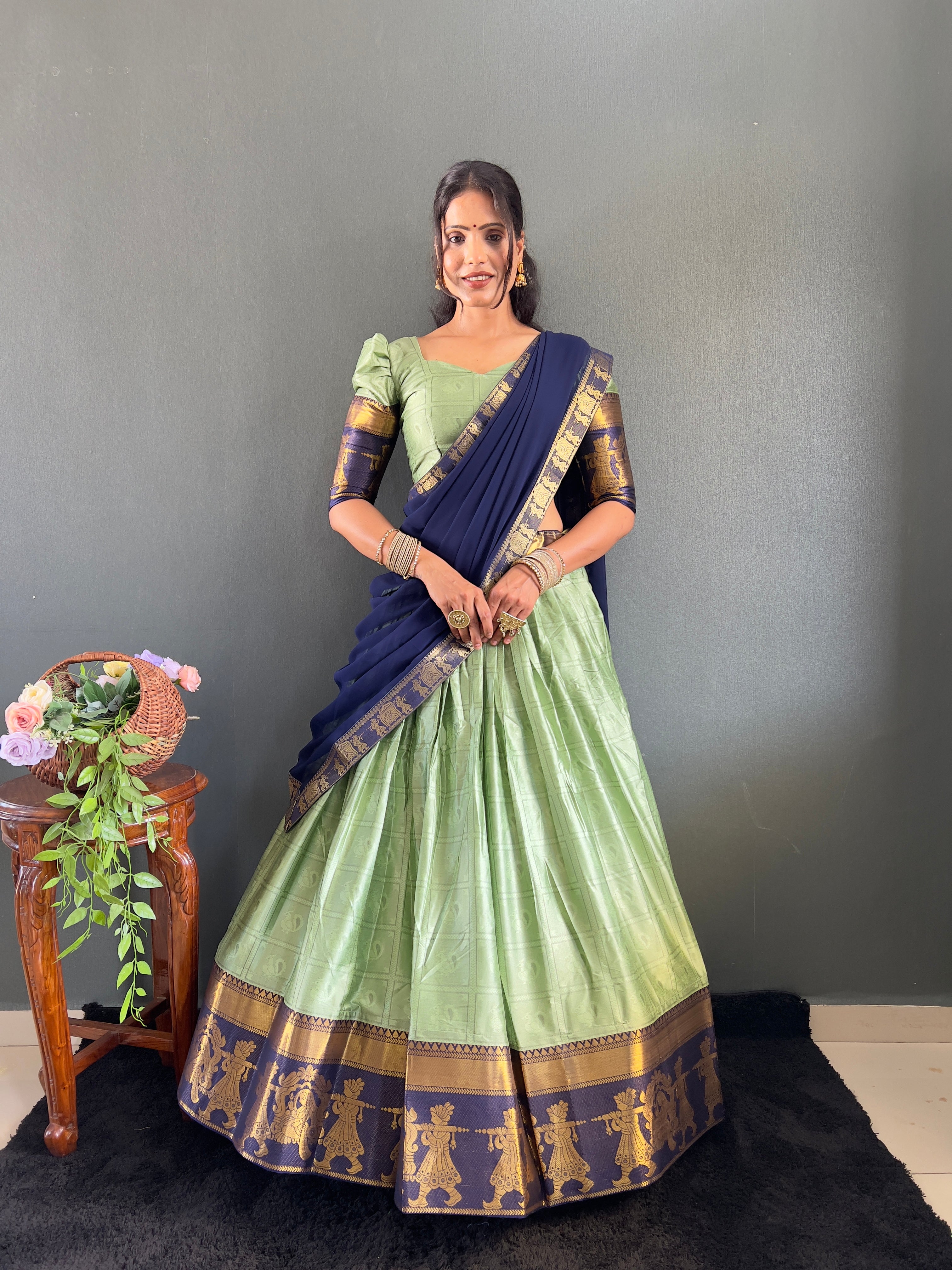 2025 Beseseller Pista And Blue Cotton Lehenga With Unstiched Blouse And Contrast Dupatta