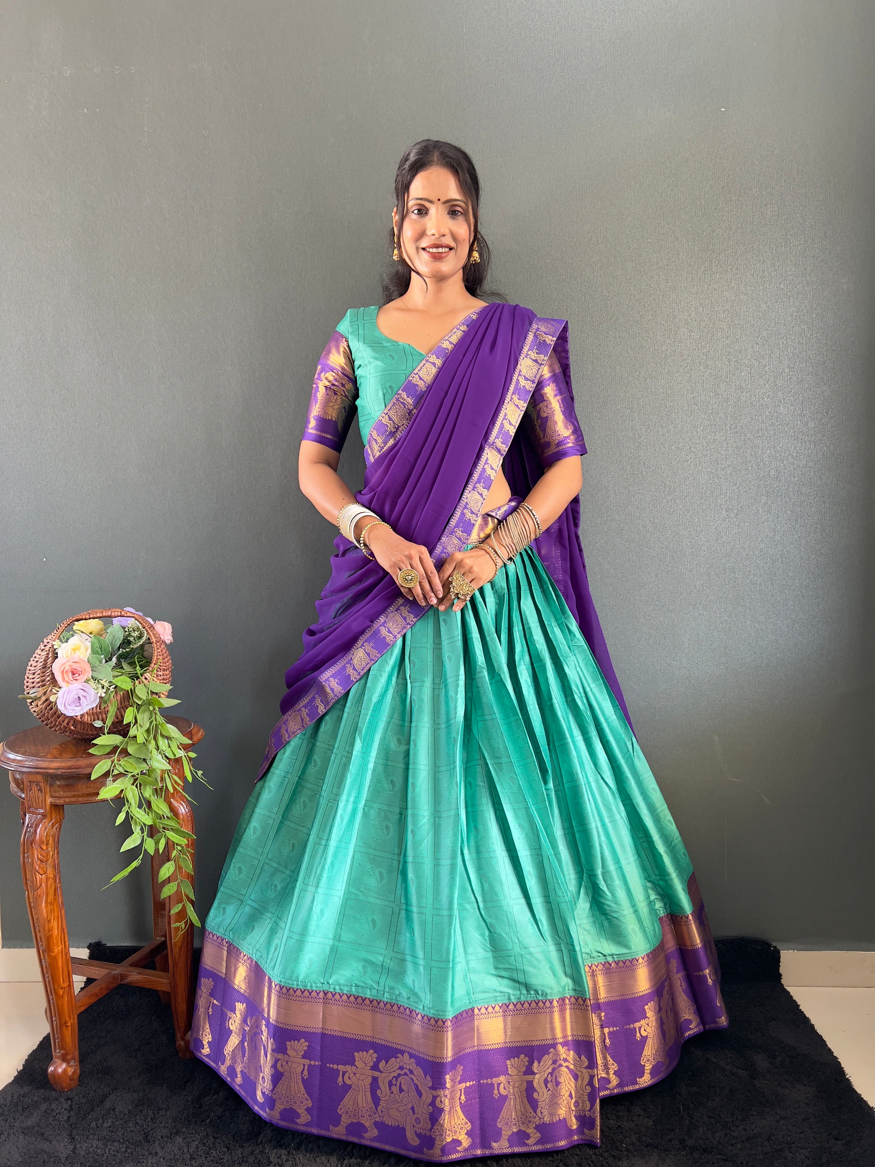 2025 Beseseller Rama And Purple Cotton Lehenga With Unstiched Blouse And Contrast Dupatta