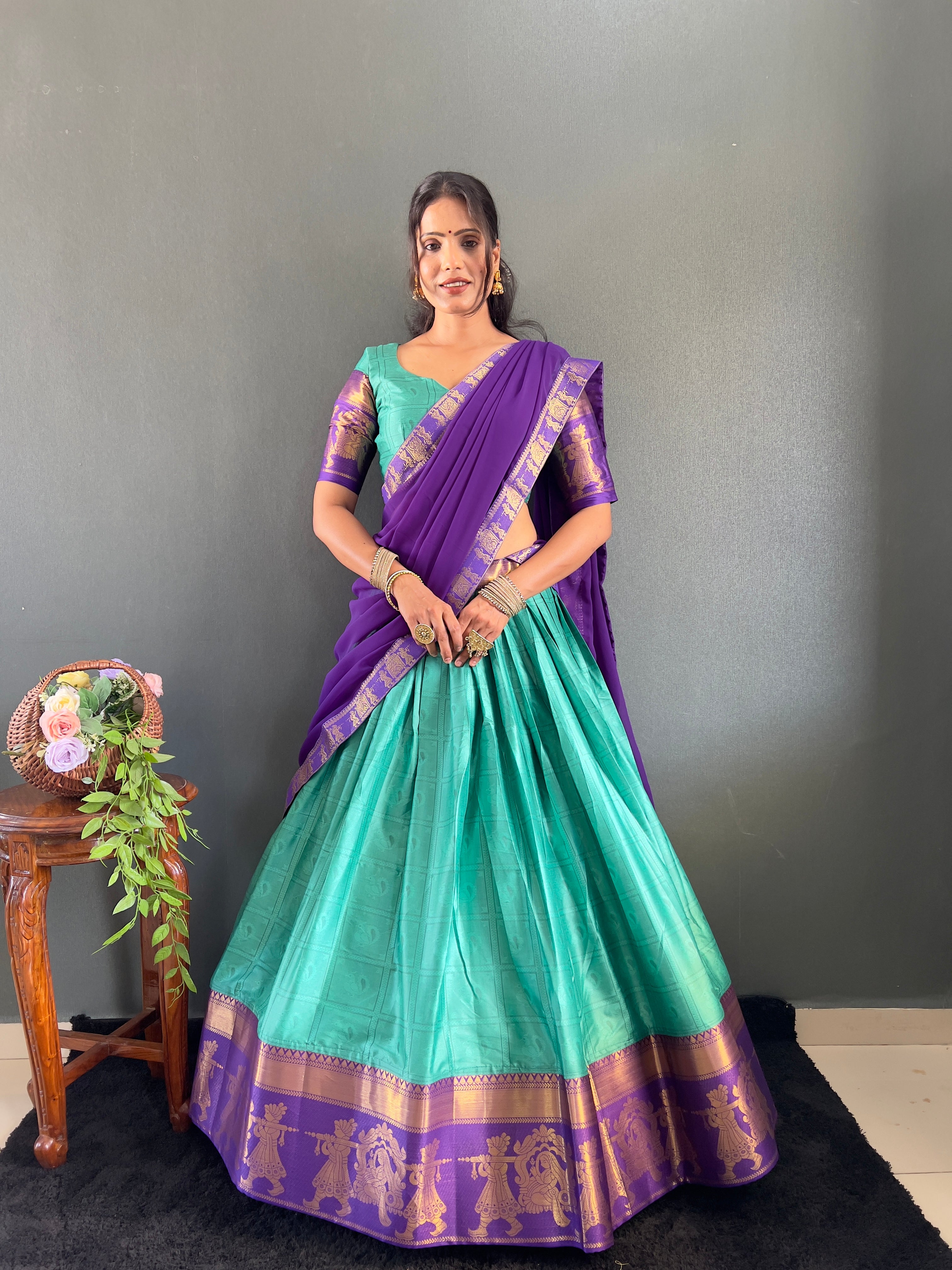 2025 Beseseller Rama And Purple Cotton Lehenga With Unstiched Blouse And Contrast Dupatta