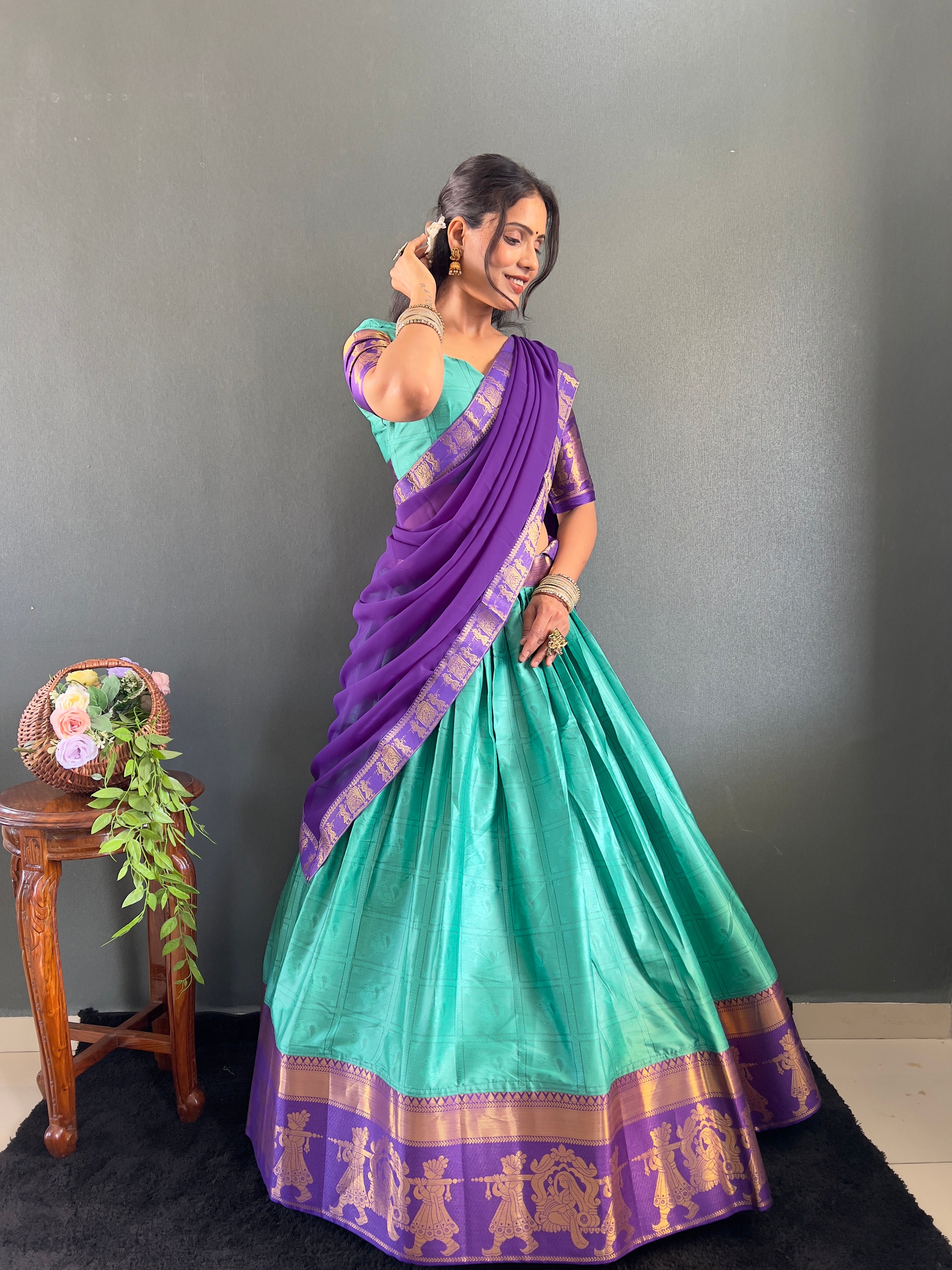2025 Beseseller Rama And Purple Cotton Lehenga With Unstiched Blouse And Contrast Dupatta