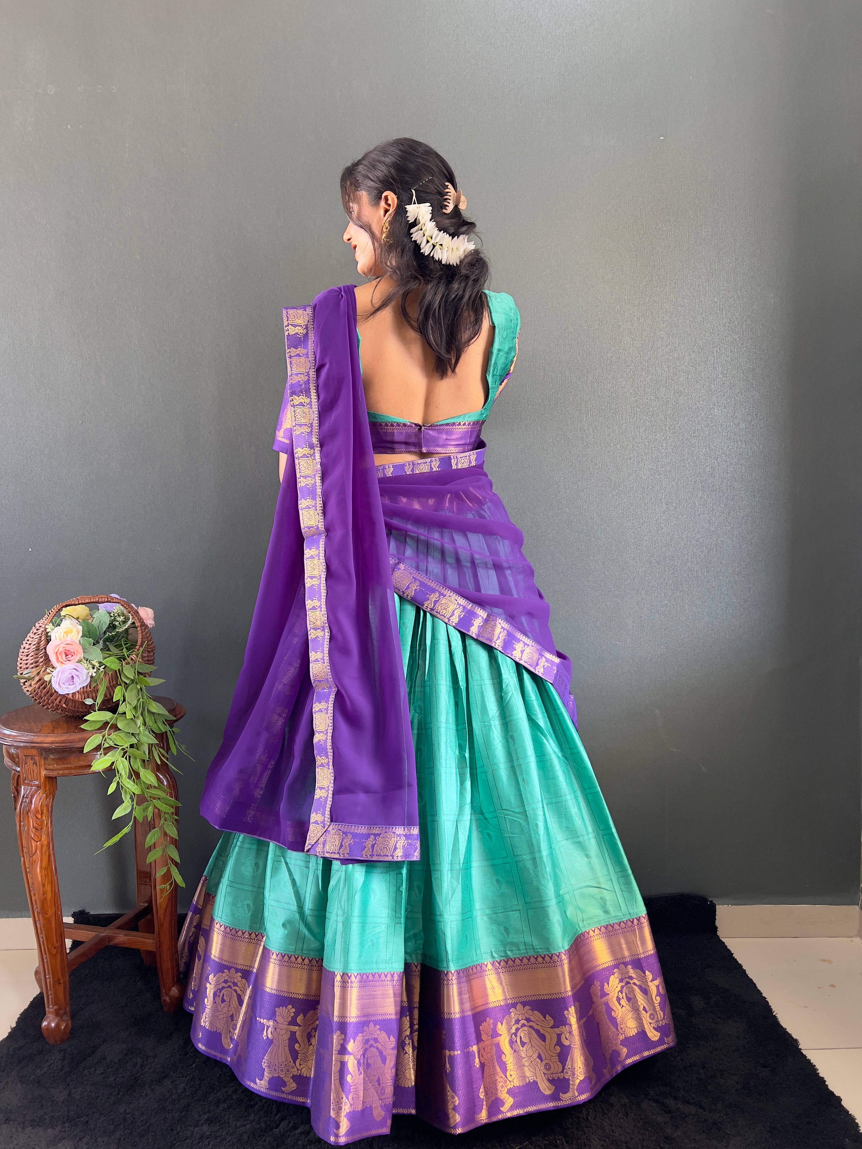 2025 Beseseller Rama And Purple Cotton Lehenga With Unstiched Blouse And Contrast Dupatta