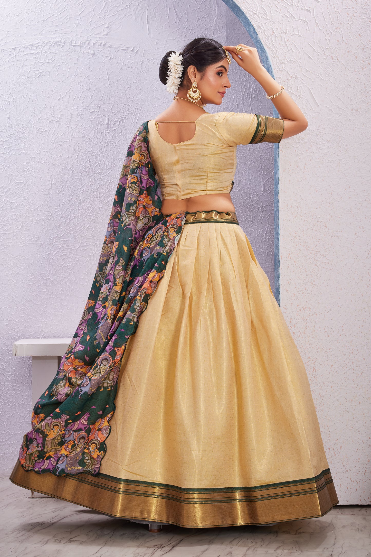 Cotton Silk Lehenga with Unstitched Blouse and Kalamkari Cut Border Dupatta