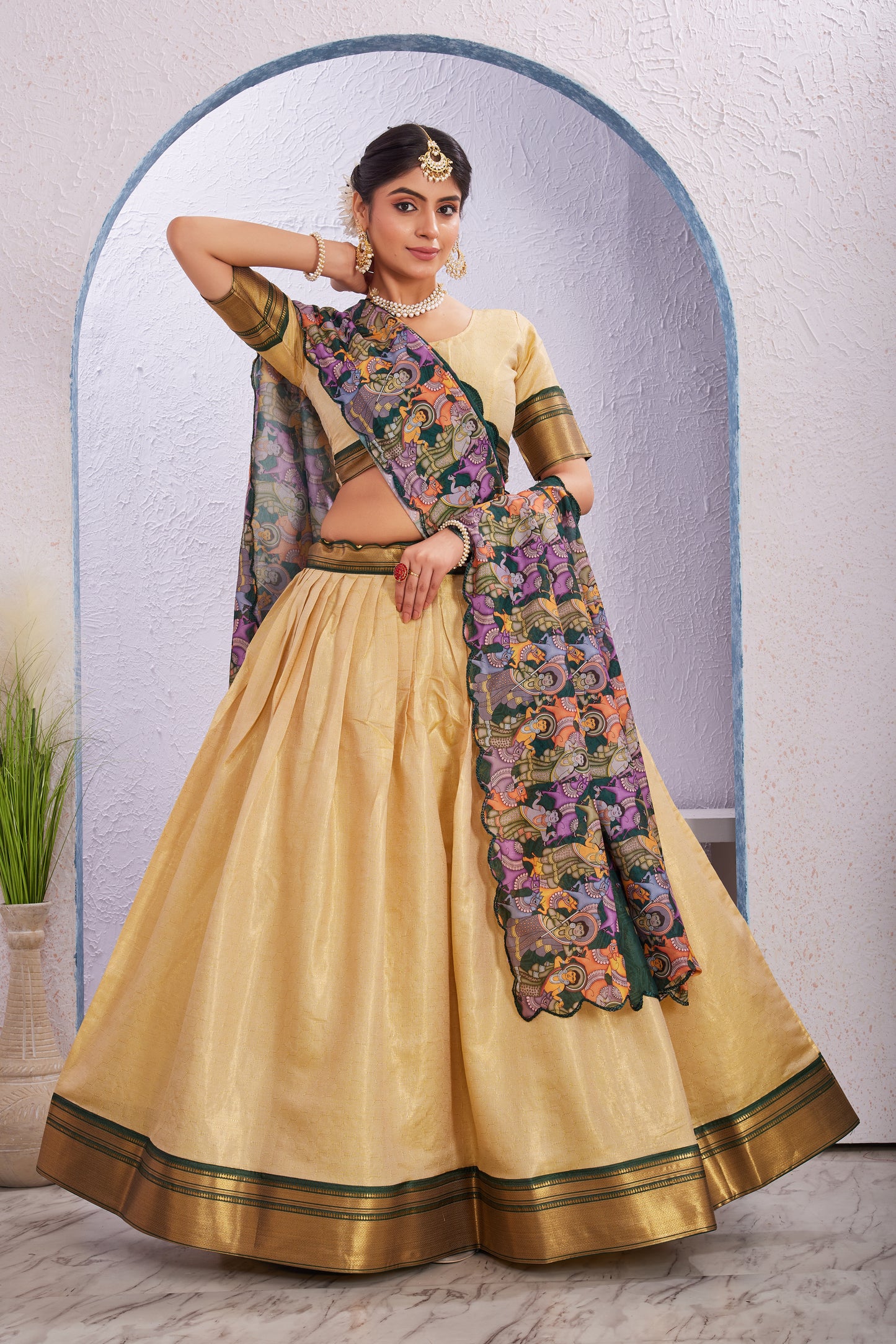 Cotton Silk Lehenga with Unstitched Blouse and Kalamkari Cut Border Dupatta