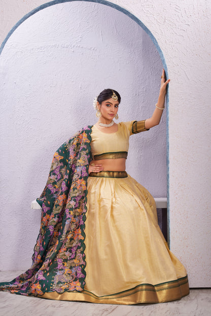 Cotton Silk Lehenga with Unstitched Blouse and Kalamkari Cut Border Dupatta