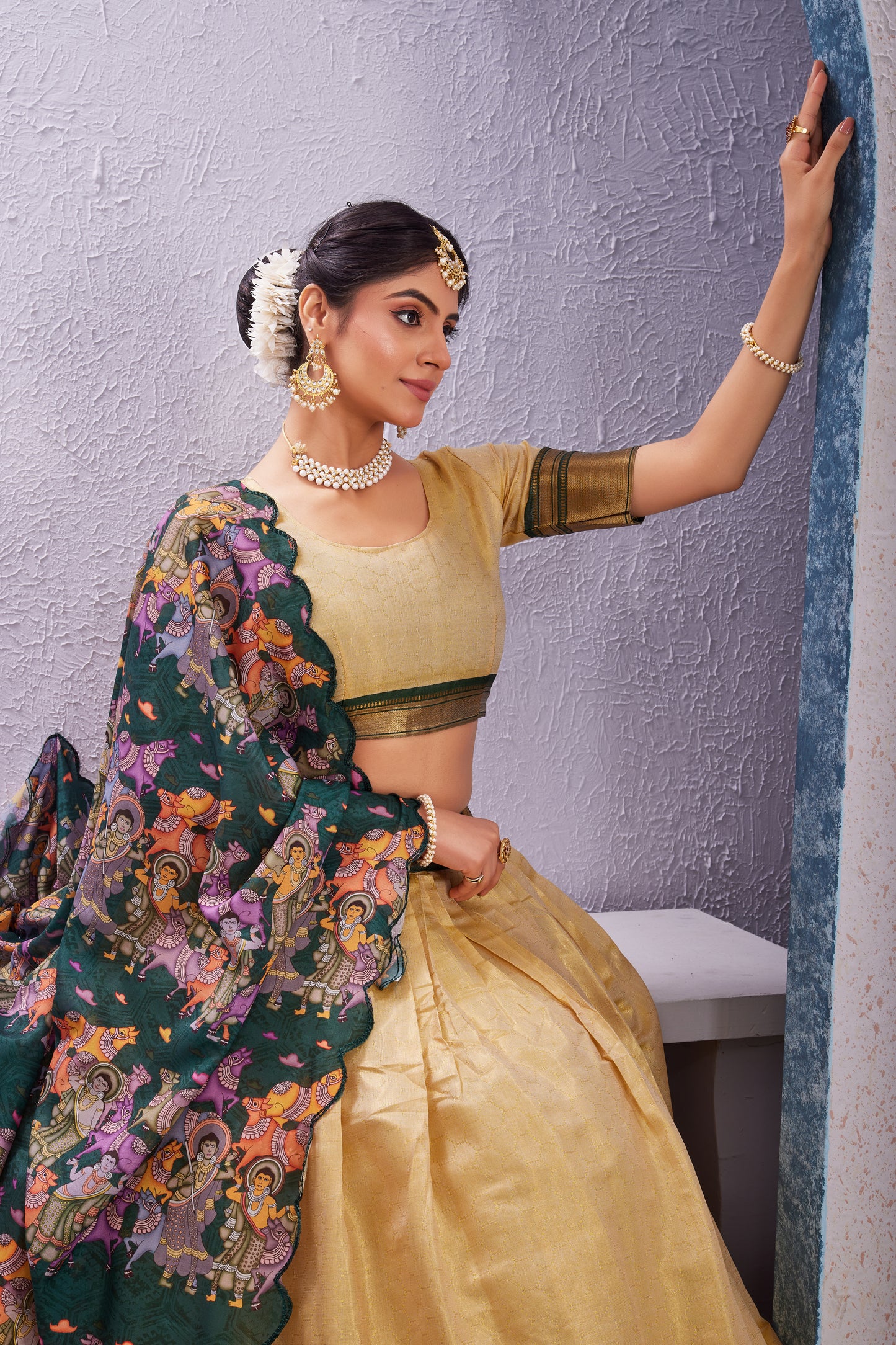 Cotton Silk Lehenga with Unstitched Blouse and Kalamkari Cut Border Dupatta