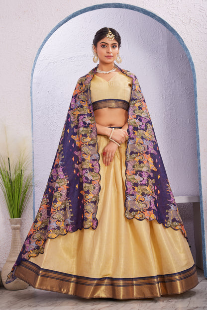 Cotton Silk Lehenga with Unstitched Blouse and Kalamkari Cut Border Dupatta
