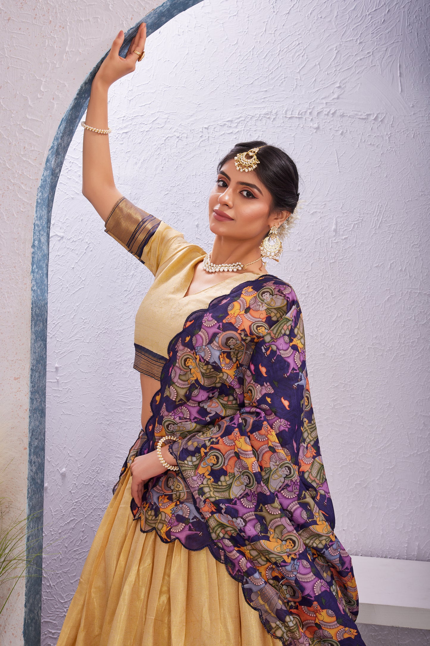 Cotton Silk Lehenga with Unstitched Blouse and Kalamkari Cut Border Dupatta