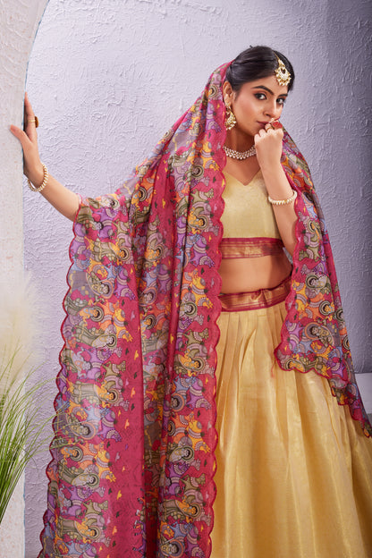 Cotton Silk Lehenga with Unstitched Blouse and Kalamkari Cut Border Dupatta