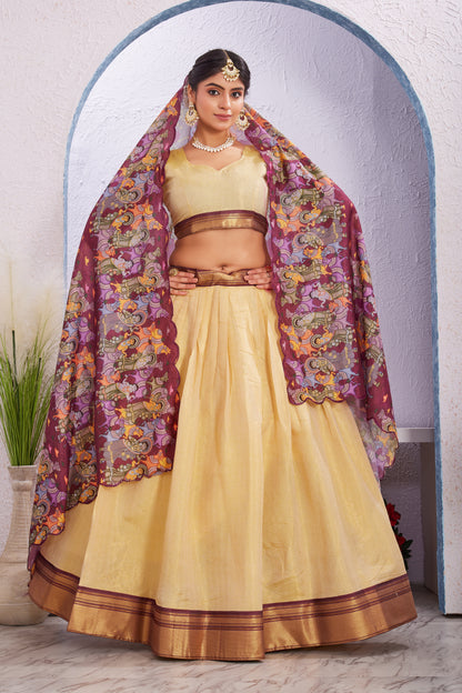 Cotton Silk Lehenga with Unstitched Blouse and Kalamkari Cut Border Dupatta