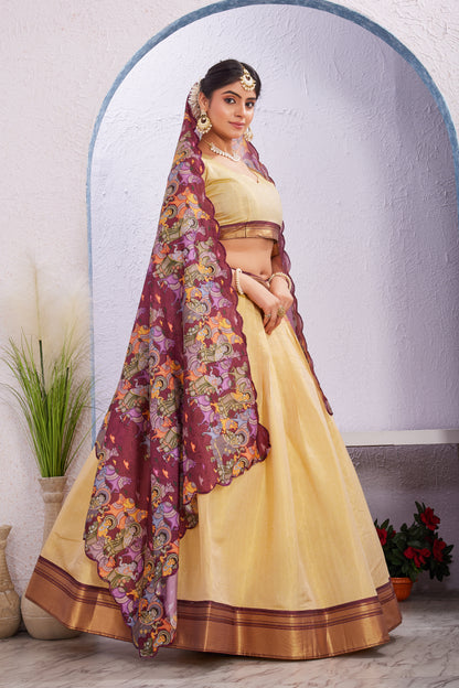 Cotton Silk Lehenga with Unstitched Blouse and Kalamkari Cut Border Dupatta