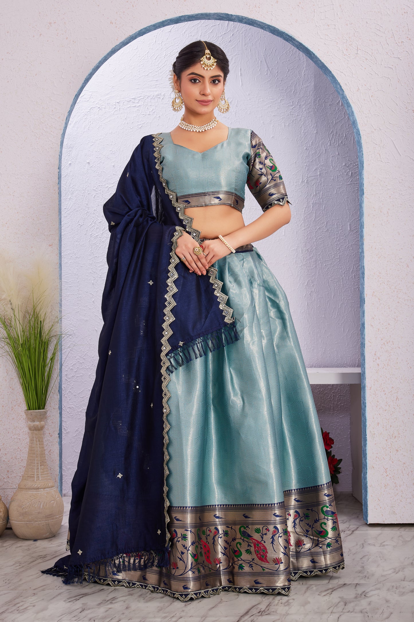 Attractive Borad Work Jacquard Silk Lehenga with Unstitched Blouse Cut Border Dupatta