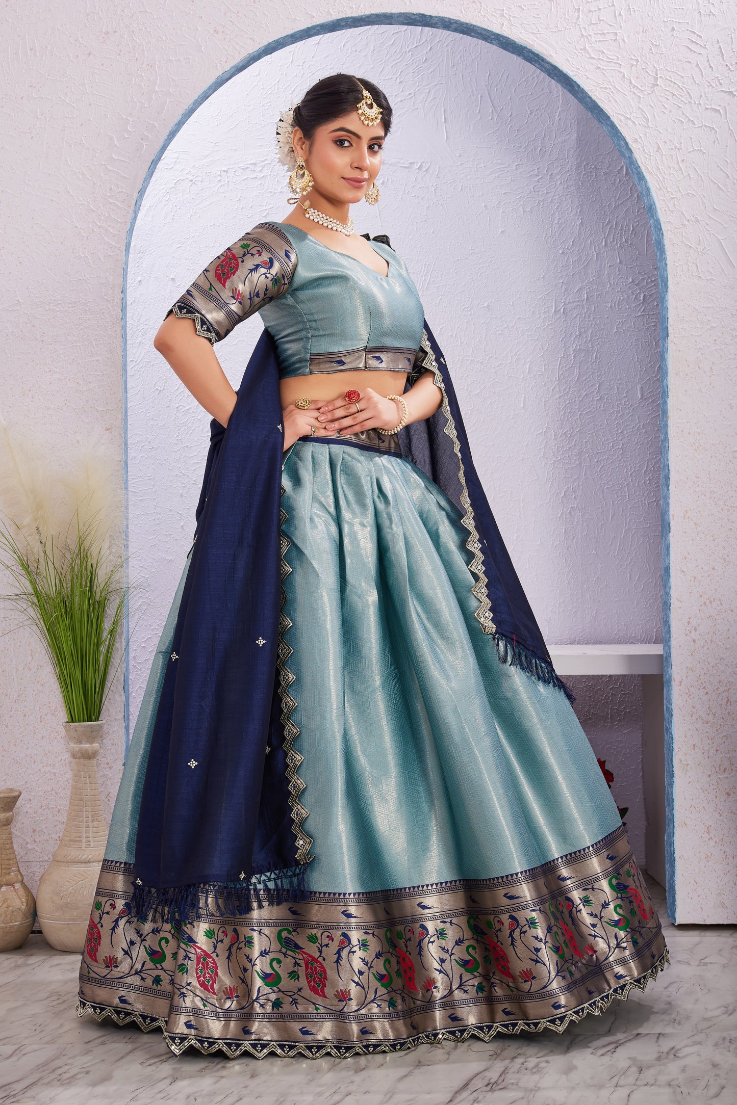 Attractive Borad Work Jacquard Silk Lehenga with Unstitched Blouse Cut Border Dupatta