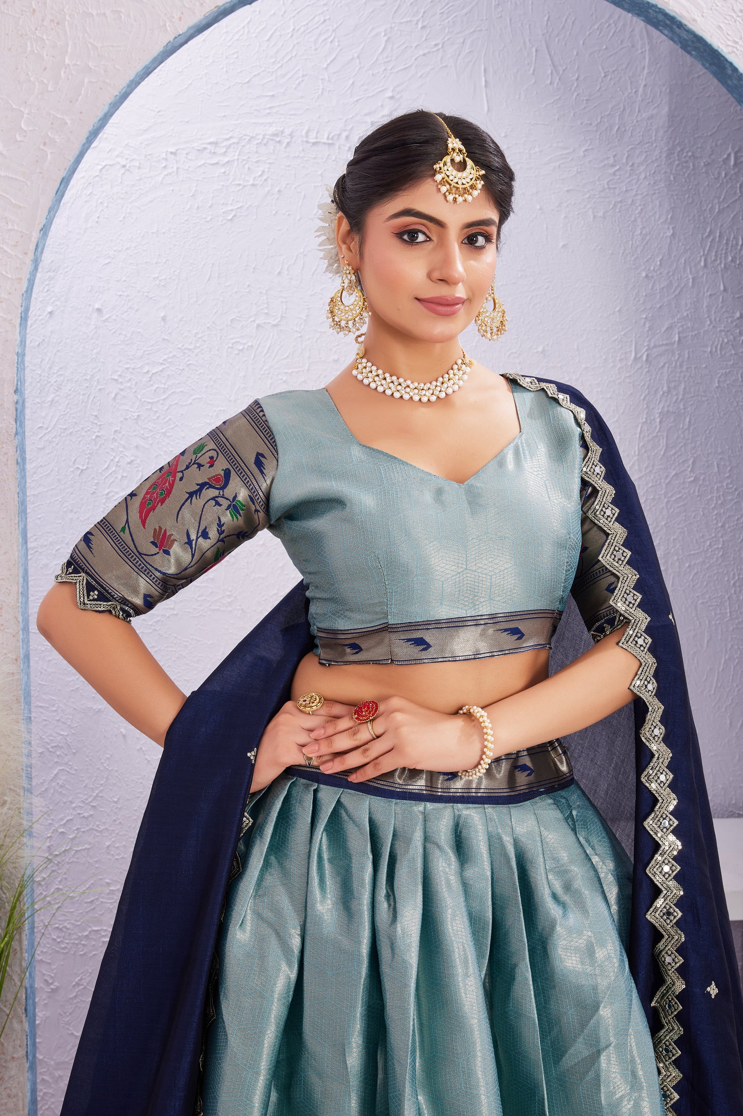 Attractive Borad Work Jacquard Silk Lehenga with Unstitched Blouse Cut Border Dupatta