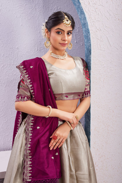 Attractive Borad Work Jacquard Silk Lehenga with Unstitched Blouse Cut Border Dupatta