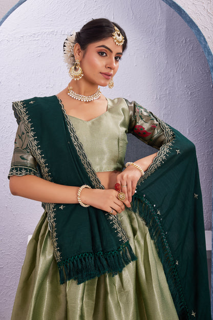 Attractive Borad Work Jacquard Silk Lehenga with Unstitched Blouse Cut Border Dupatta