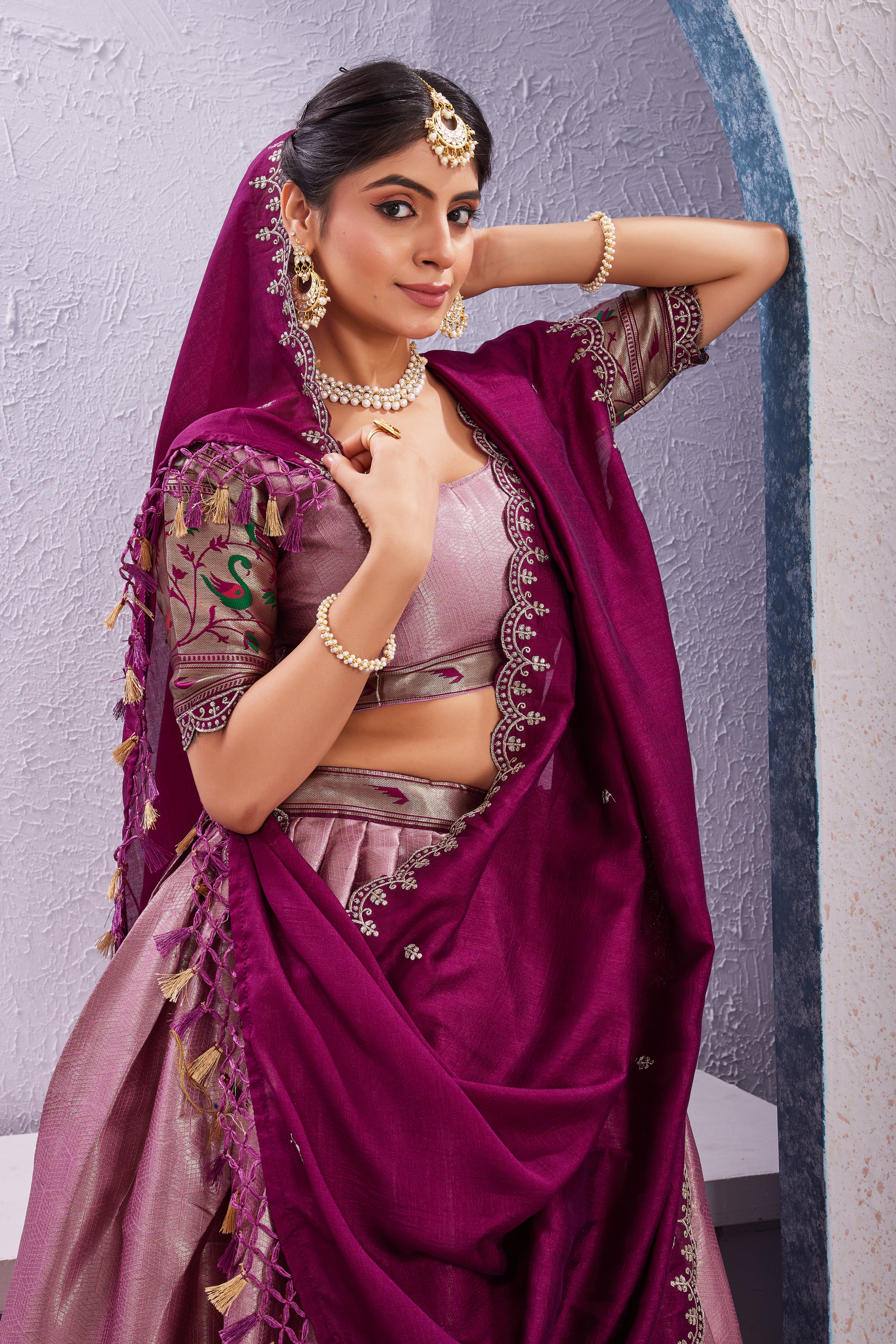 Attractive Borad Work Jacquard Silk Lehenga with Unstitched Blouse Cut Border Dupatta