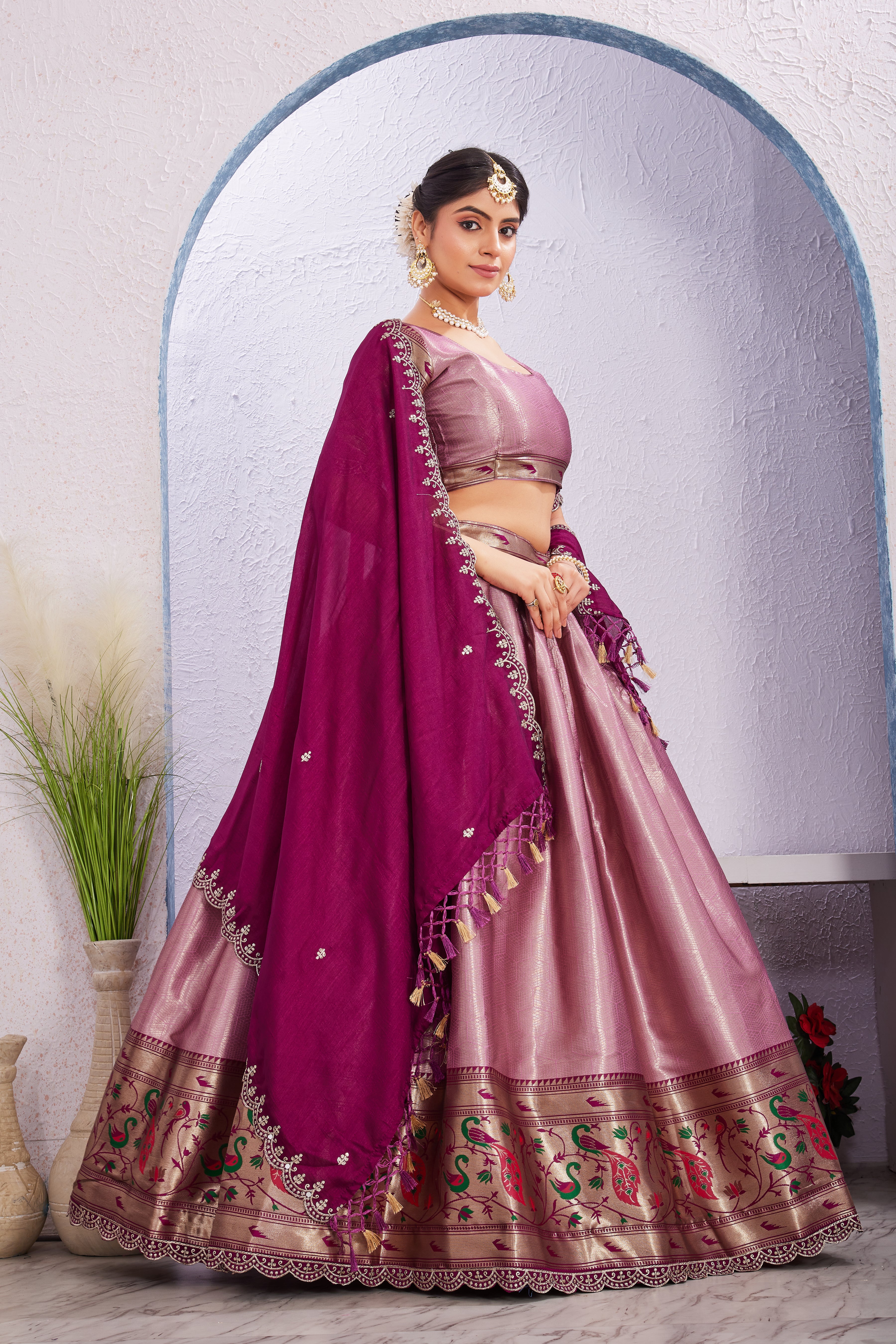 Attractive Borad Work Jacquard Silk Lehenga with Unstitched Blouse Cut Border Dupatta