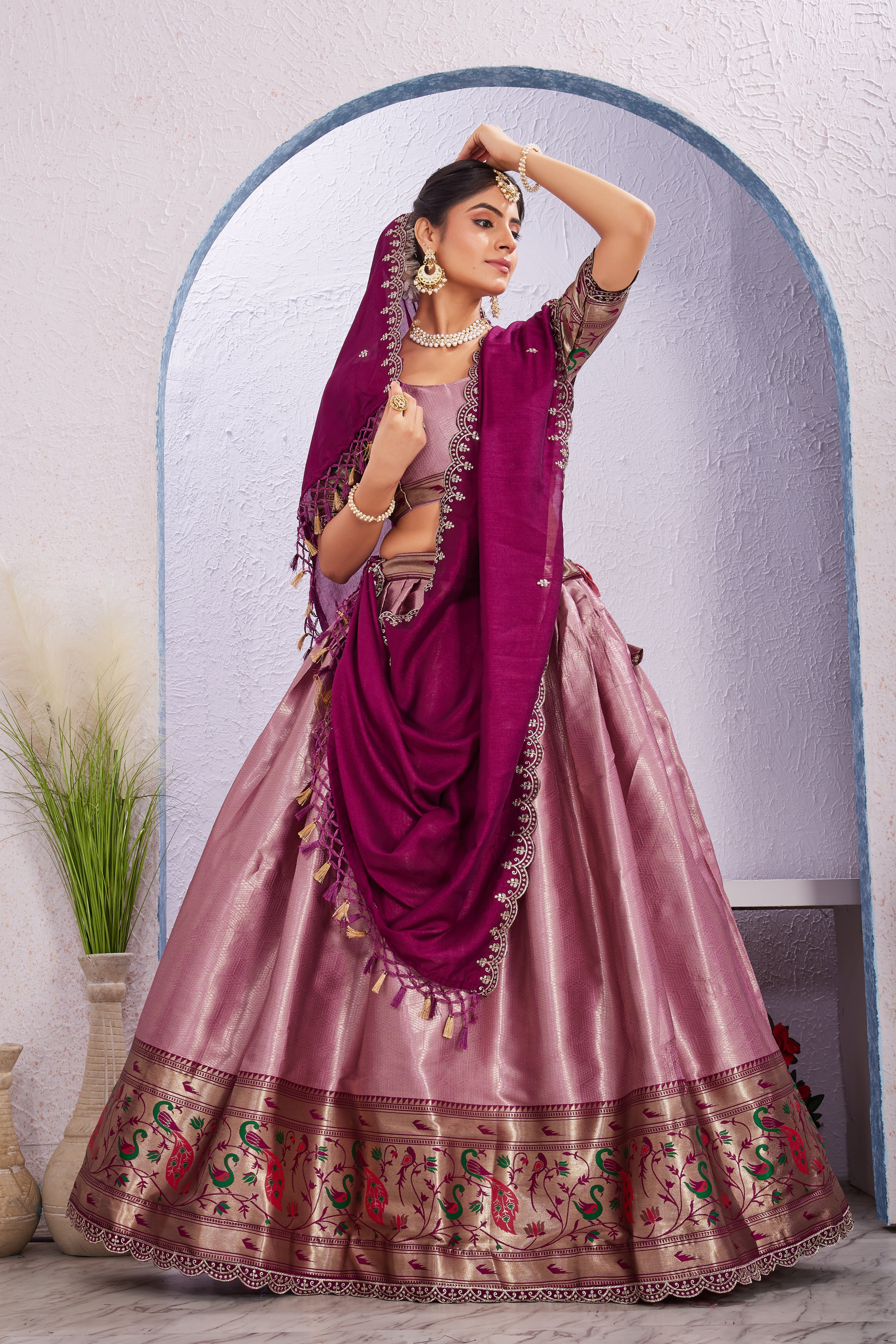 Attractive Borad Work Jacquard Silk Lehenga with Unstitched Blouse Cut Border Dupatta