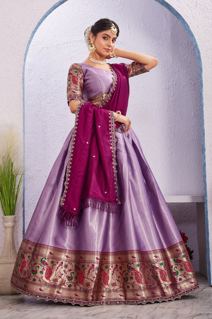 Attractive Borad Work Jacquard Silk Lehenga with Unstitched Blouse Cut Border Dupatta