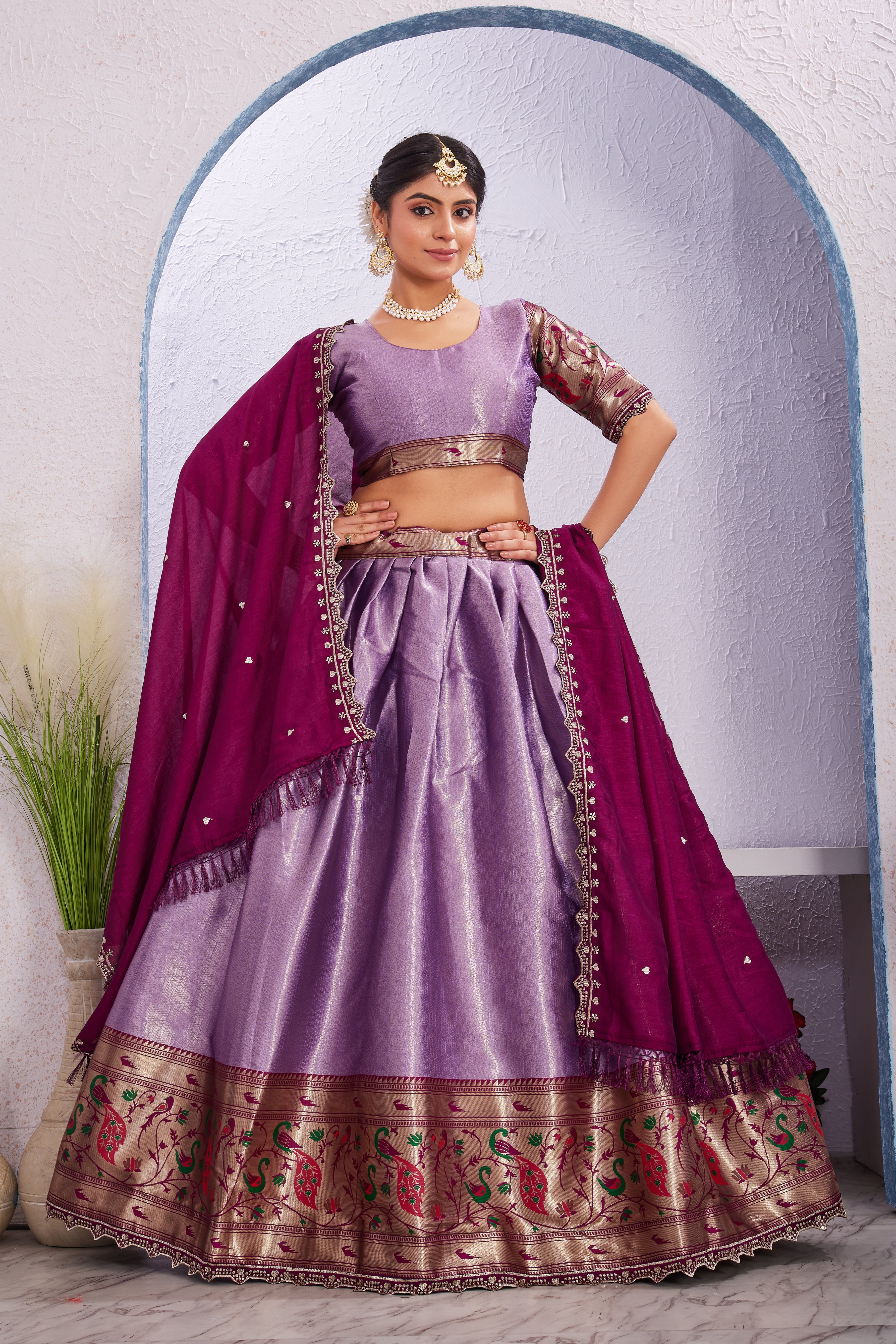 Attractive Borad Work Jacquard Silk Lehenga with Unstitched Blouse Cut Border Dupatta