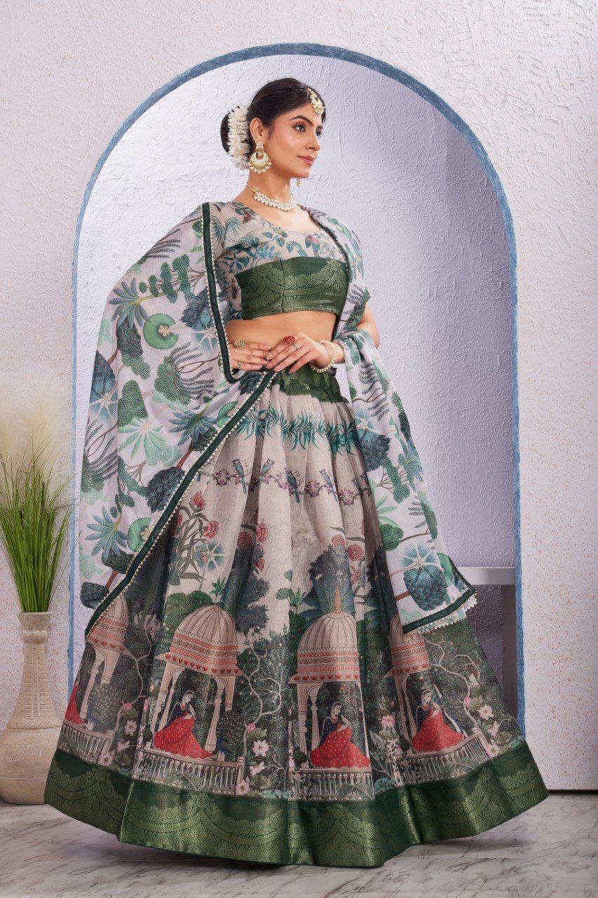 Madhubani Traditional Dola Silk Lehenga with Unstitched Blouse Cut Border Dupatta